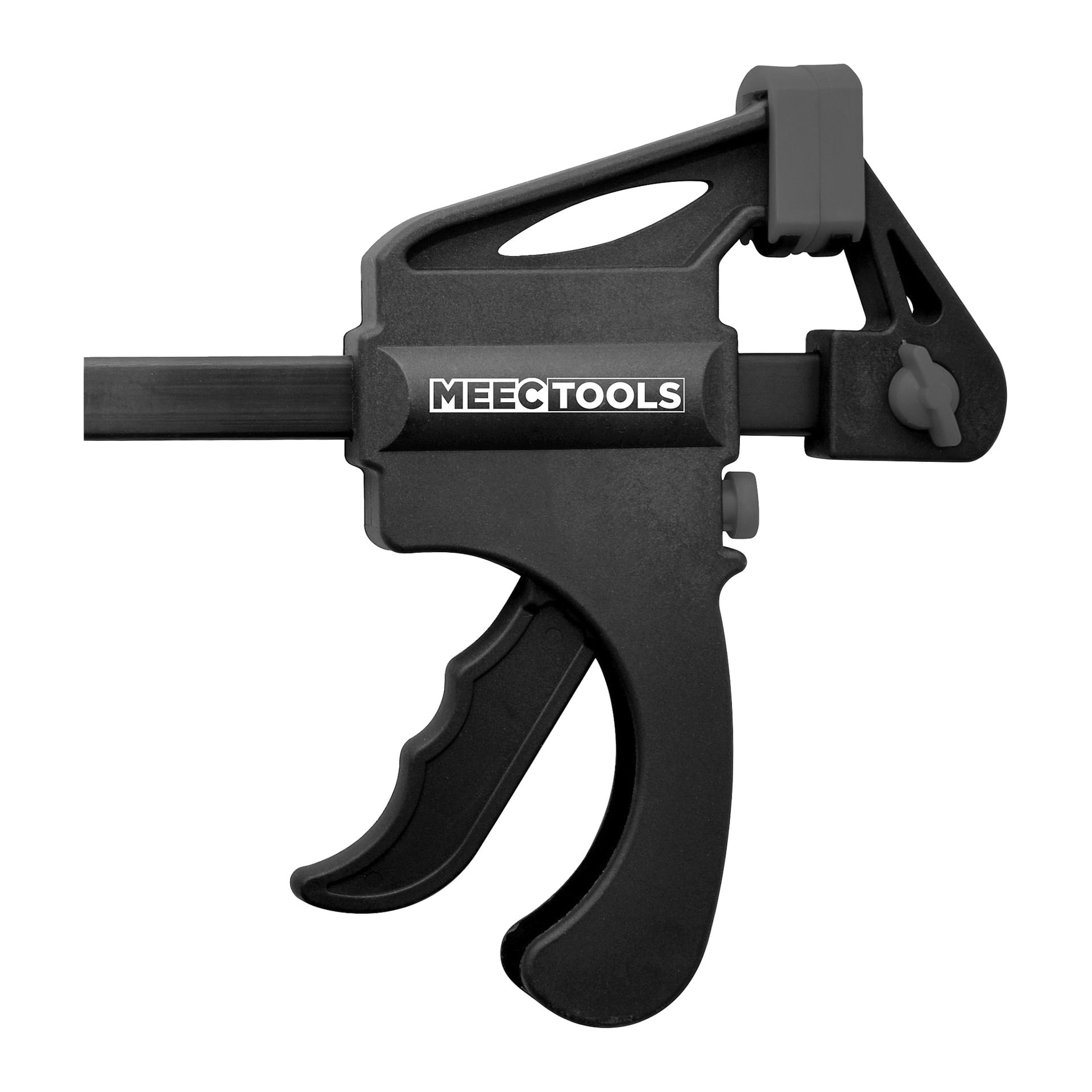 Två Meec Tools Quick Clamps, med svarta pistolhandtag i plast och justerbara käkar, visas upp.