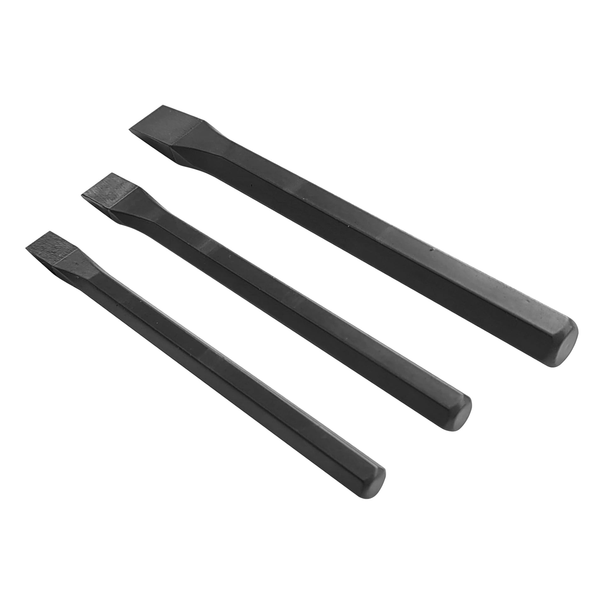 Meec Tools 3-delade kallmejselset visar svarta mejslar av varierande längd med platta spetsar och sexkantiga skaft, arrangerade diagonalt.