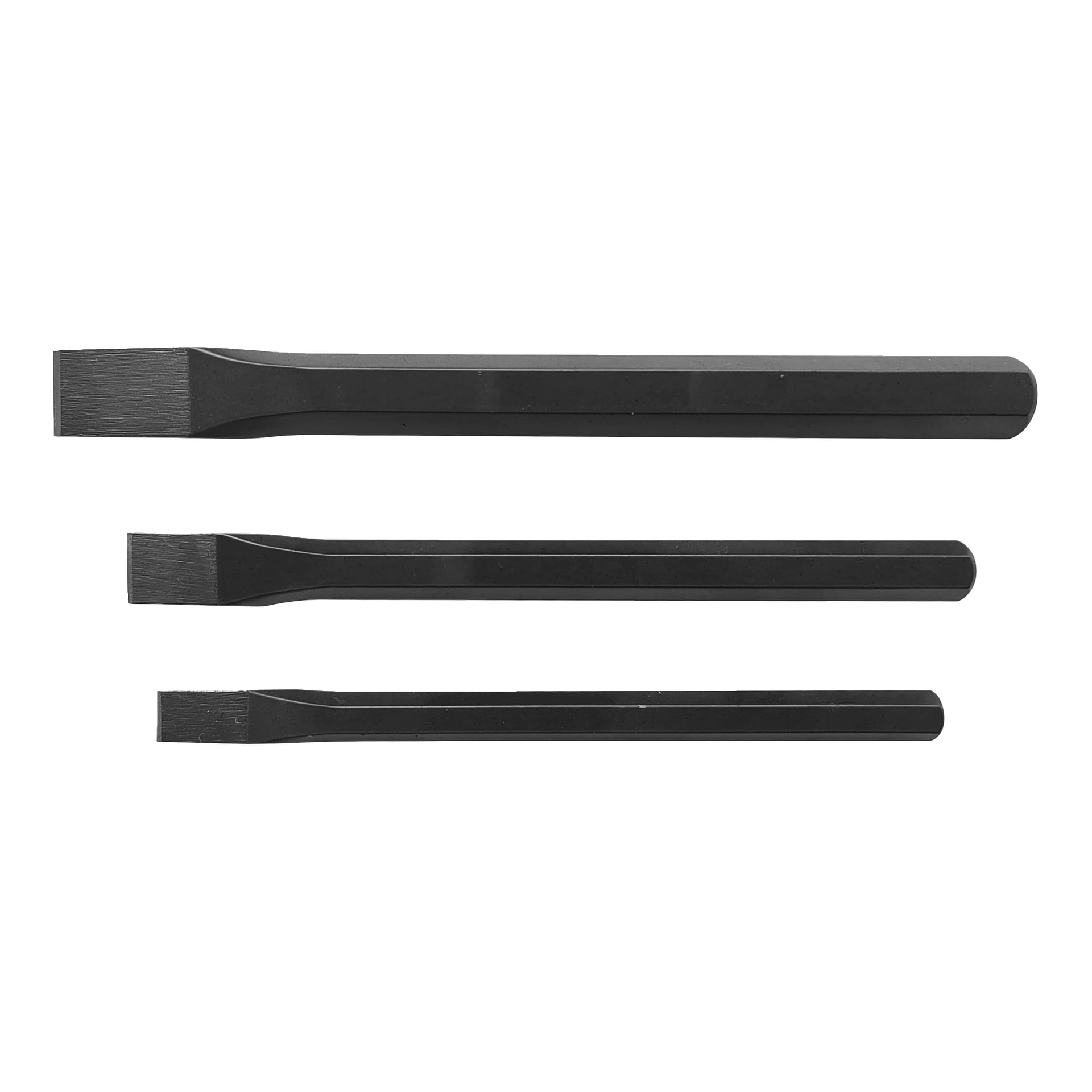 Meec Tools Set innehåller 3 kallmejslar med mörka metallkroppar och rektangulära platta spetsar, uppradade horisontellt.