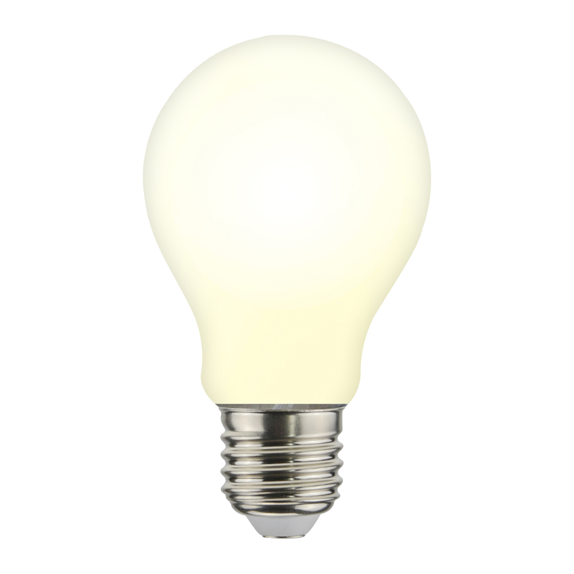 Anslut dimmbar LED-lampa med frostad glob och metallskruvbas, som lyser i varmt vitt.