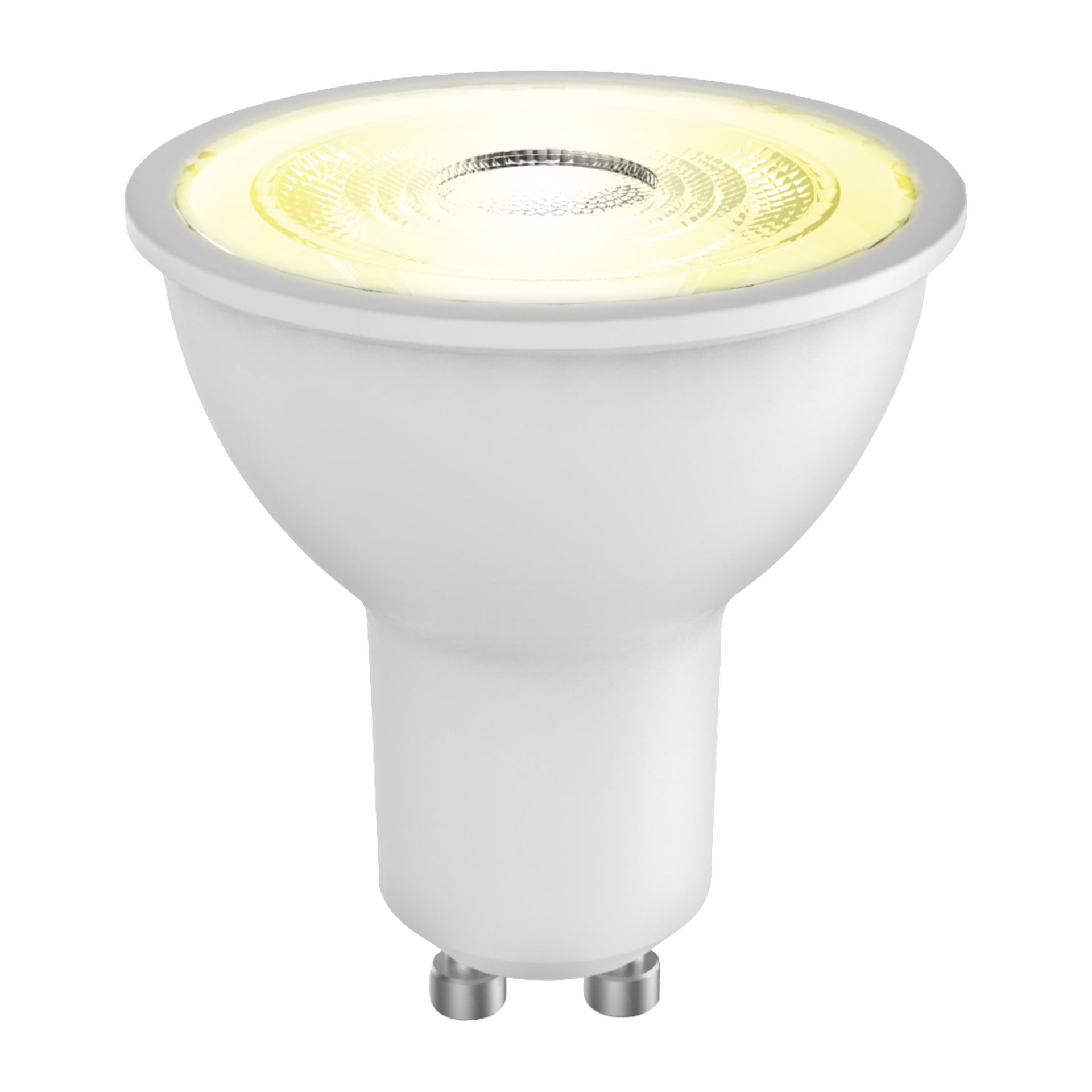 Två Anslut LED-reflektorlampor, en på och lysande med starkt gult ljus uppifrån, båda med en vit GU10-bas.