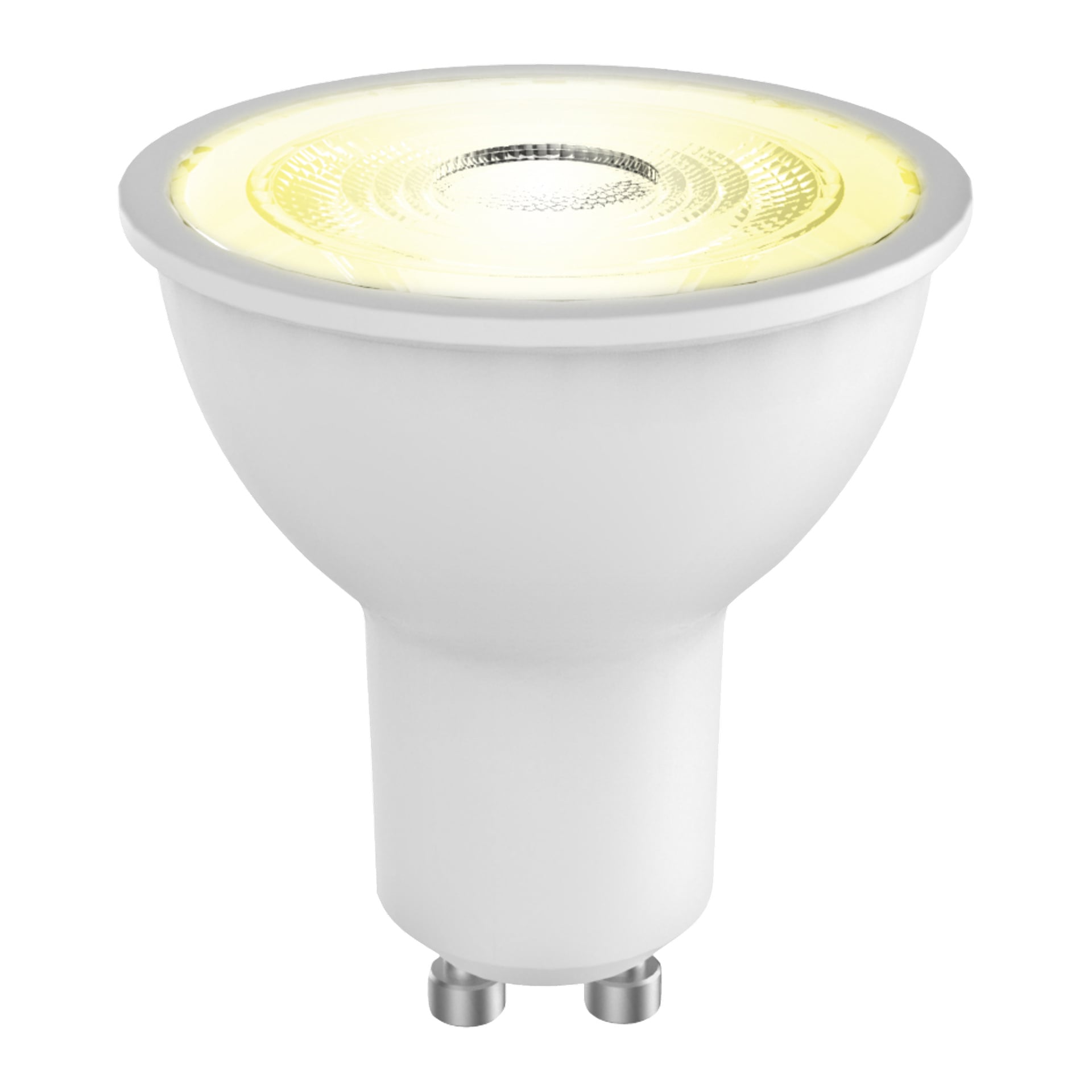 Anslut Reflector LED-Glühbirnen, 2-Pack, GU10-Sockel mit glatter, abgerundeter Form, strahlen von oben warmes gelbes Licht aus.