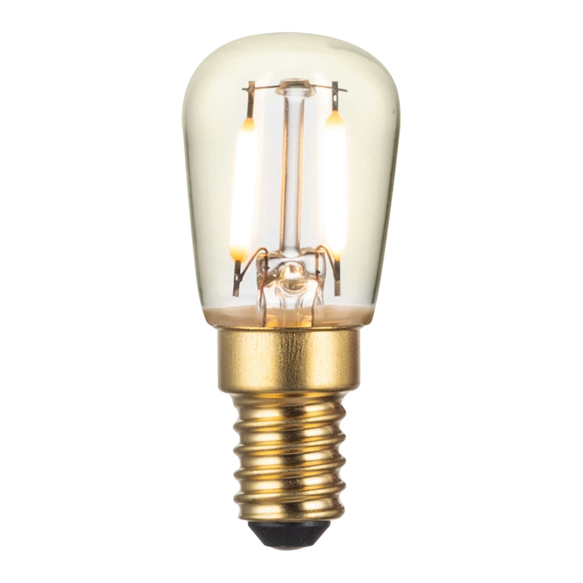 Ansluts päronformade LED-lampa har klart glas, en exponerad glödtråd och en guldfärgad skruvsockel som avger ett varmt sken.