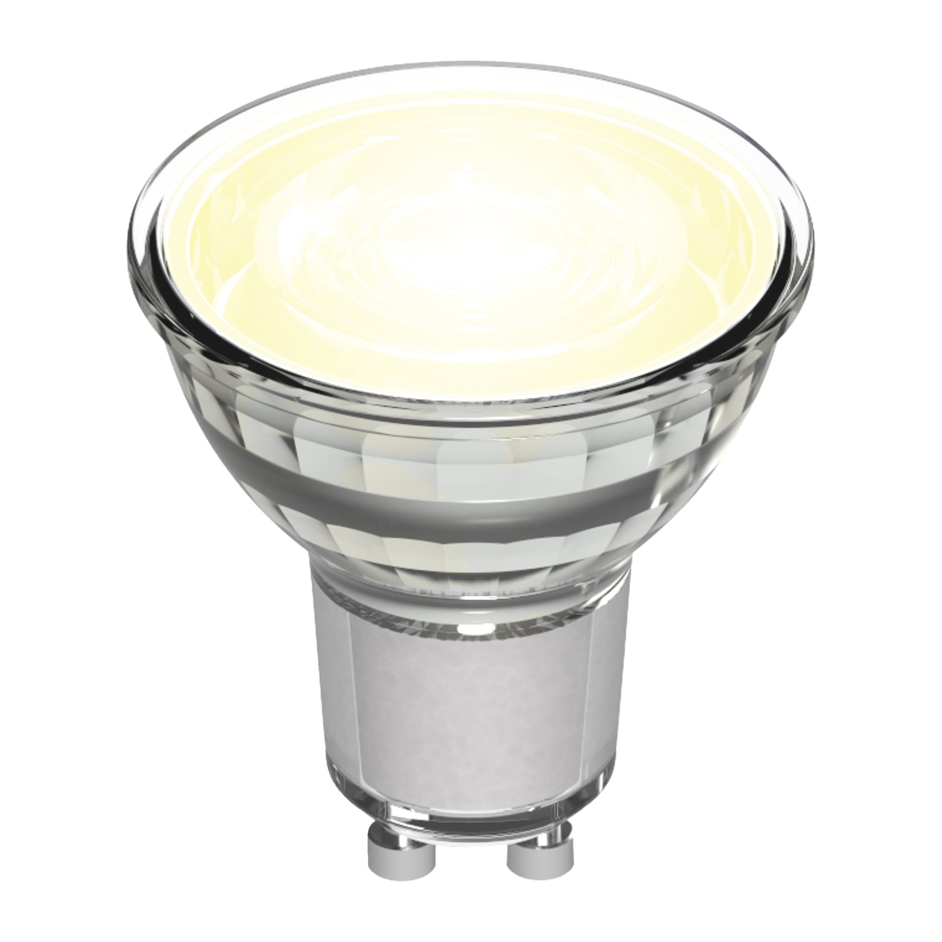 En närbild på Anslut Dimmable LED-reflektorlampa med transparent, fasetterat glashus och en GU10-sockel.