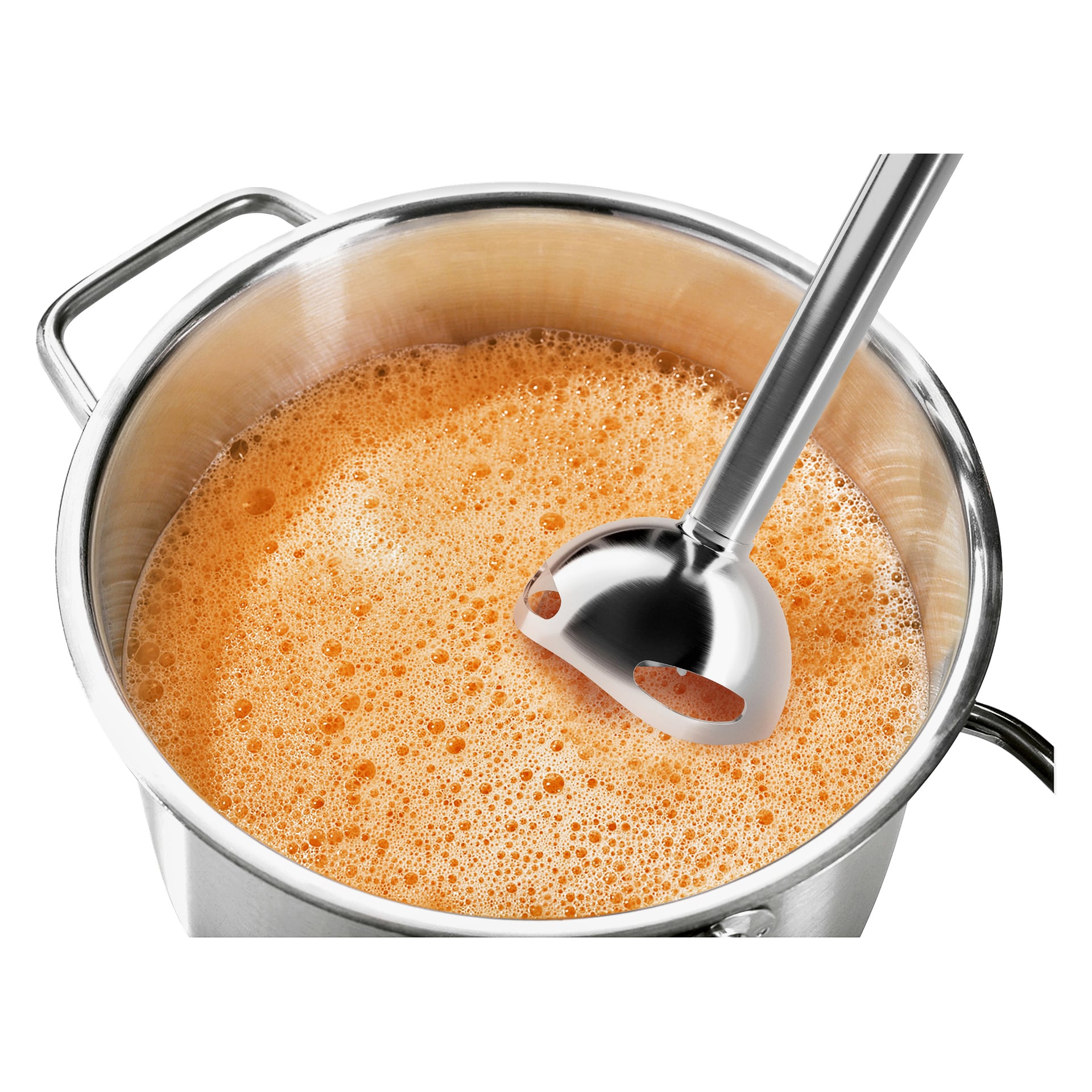 Blender Bosch Home Hand MSM2610B miesza pienisty pomarańczowy płyn w dużym metalowym garnku, widzianym z góry.