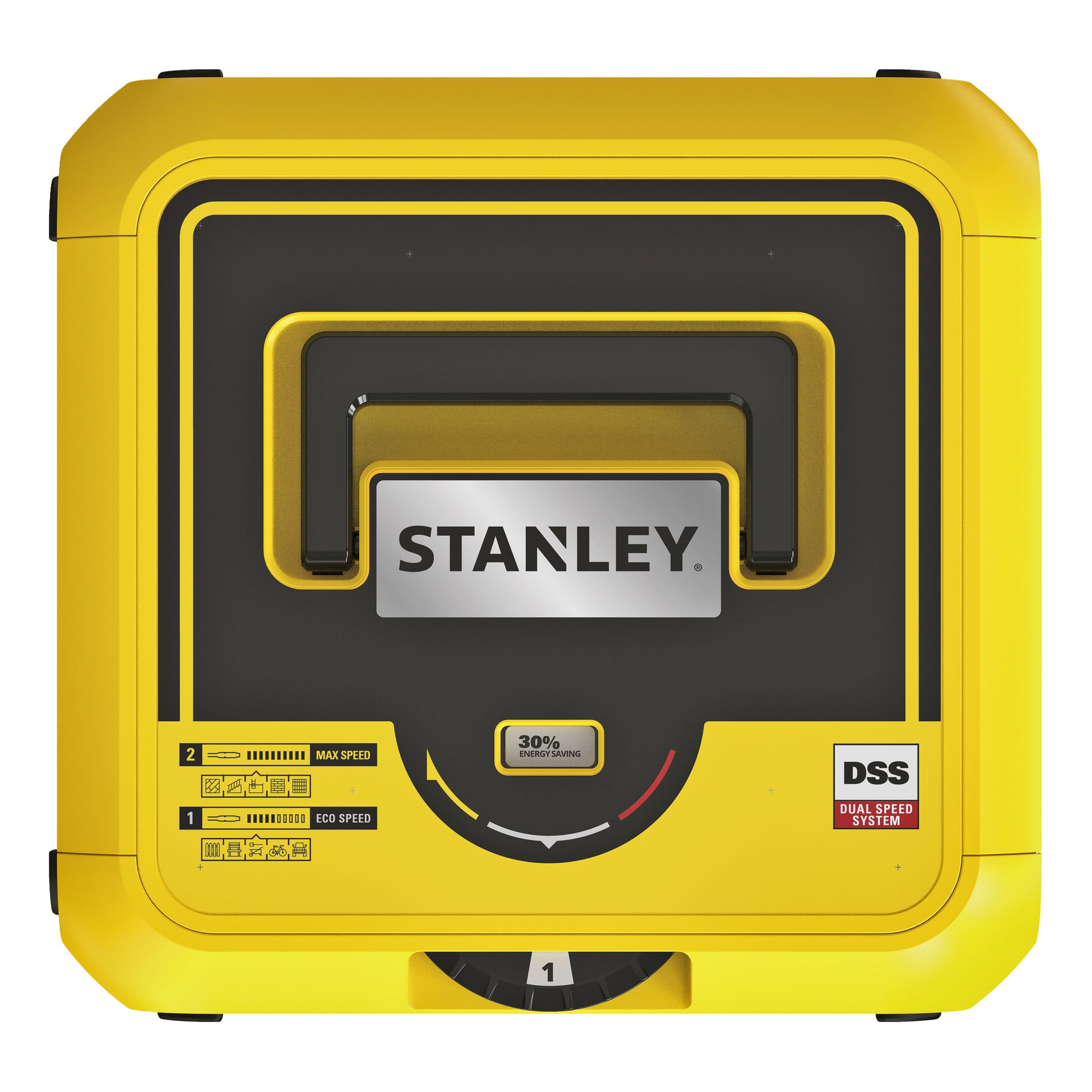 En gul Stanley verktøykasse med et sentralt svart håndtak, merket STANLEY. DSS Dual Speed System finnes blant andre merker.