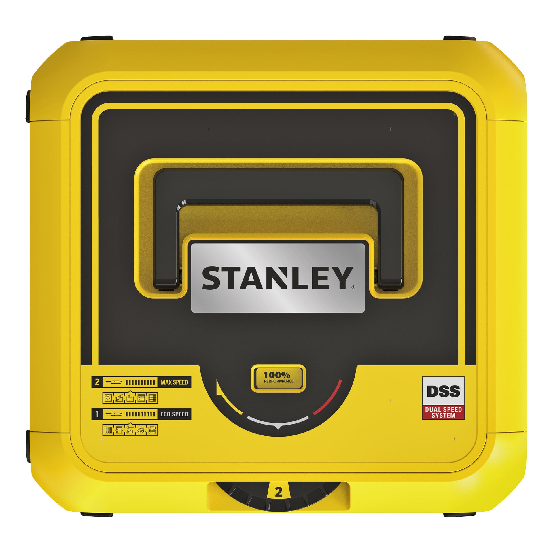 Firkantet gul og svart STANLEY-enhet med håndtak, hastighetskontrollikoner, 100 % indikator, DSS Dual Speed System nederst til høyre.
