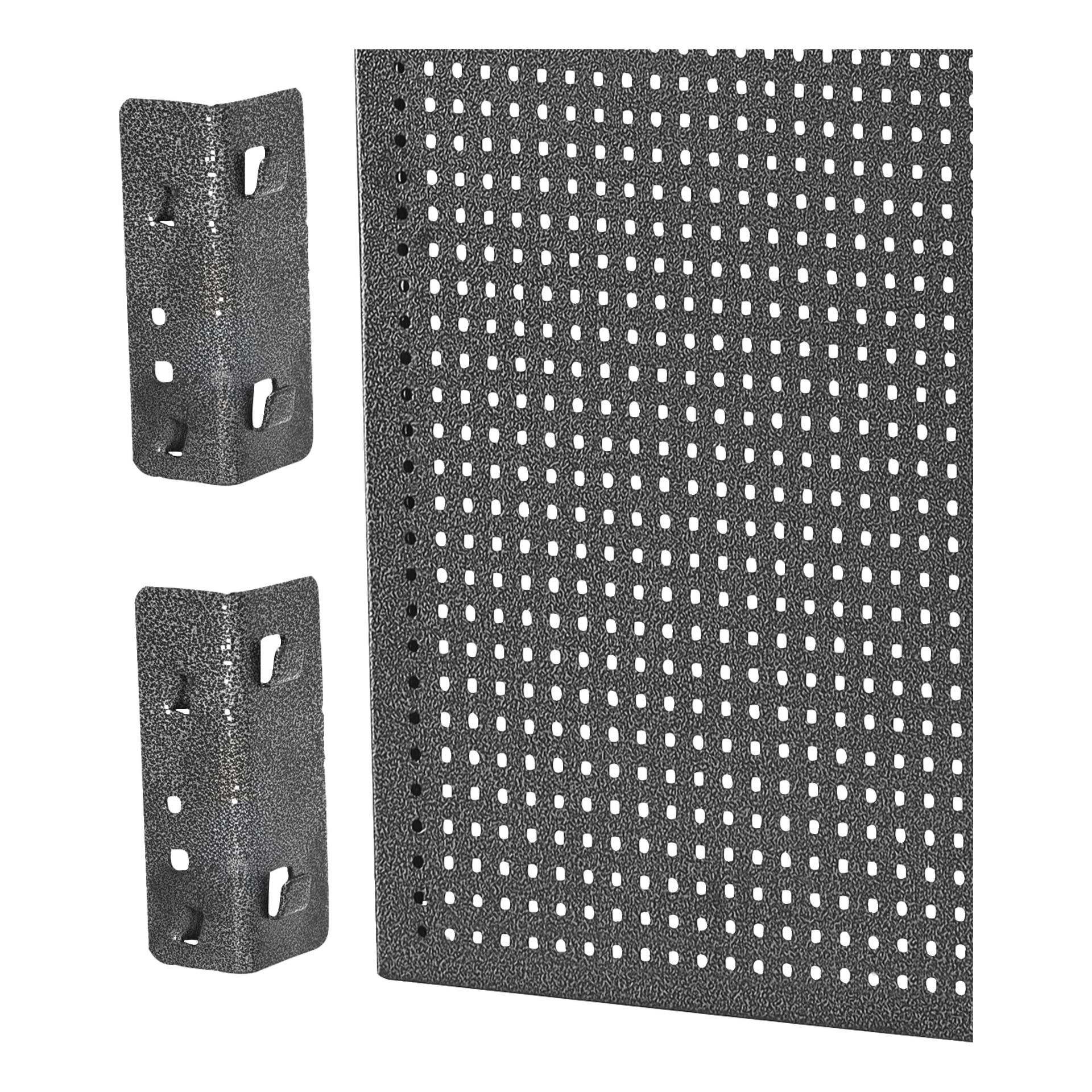 Zbliżenie perforowanego czarnego metalowego panelu Hard Head Tool z teksturowanym wykończeniem, obok dwóch pasujących uchwytów z otworami na śruby.