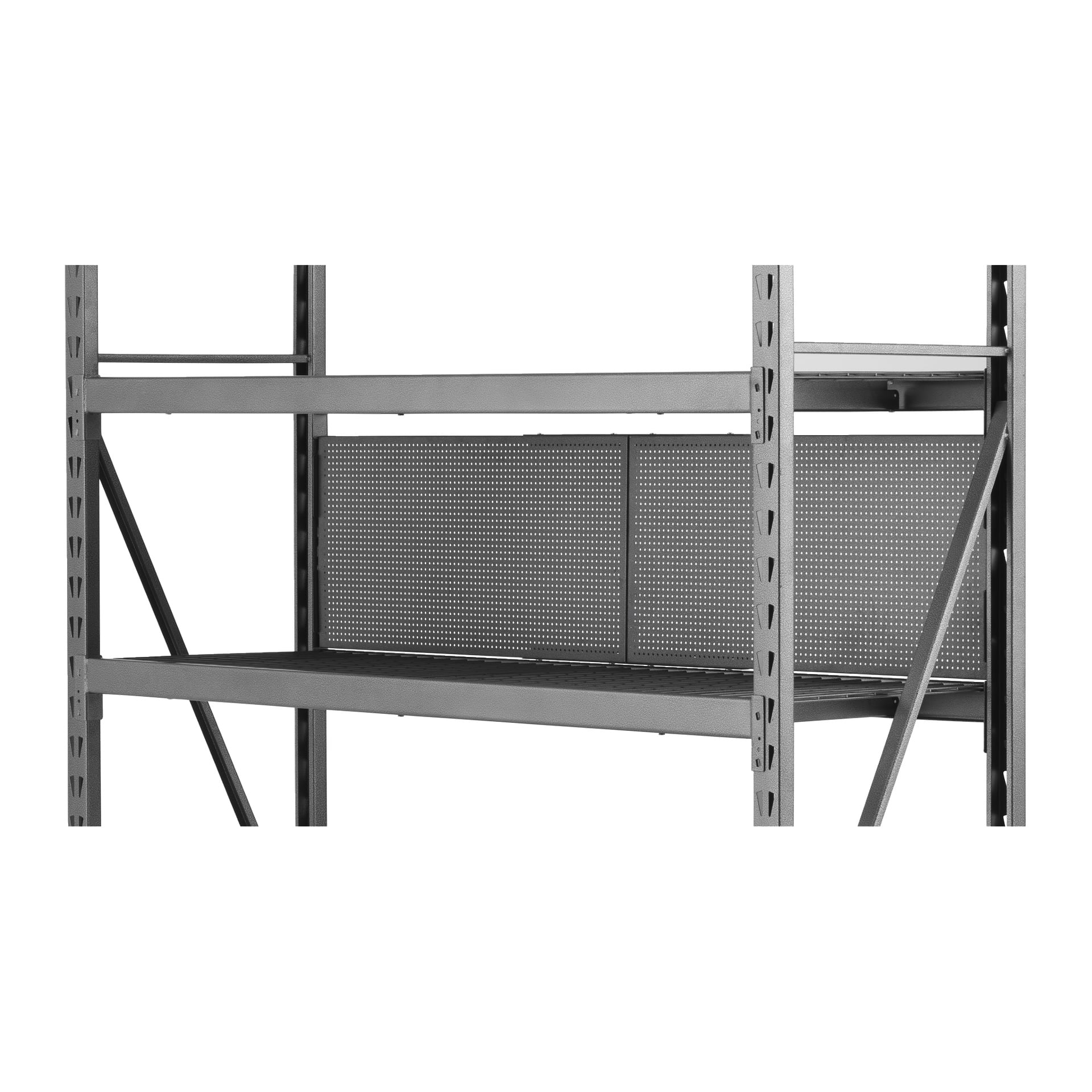 Zbliżenie na szary metalowy panel magazynowy Hard Head Tool z dwoma pustymi półkami, perforowanym tyłem i solidnymi bocznymi prętami nośnymi.