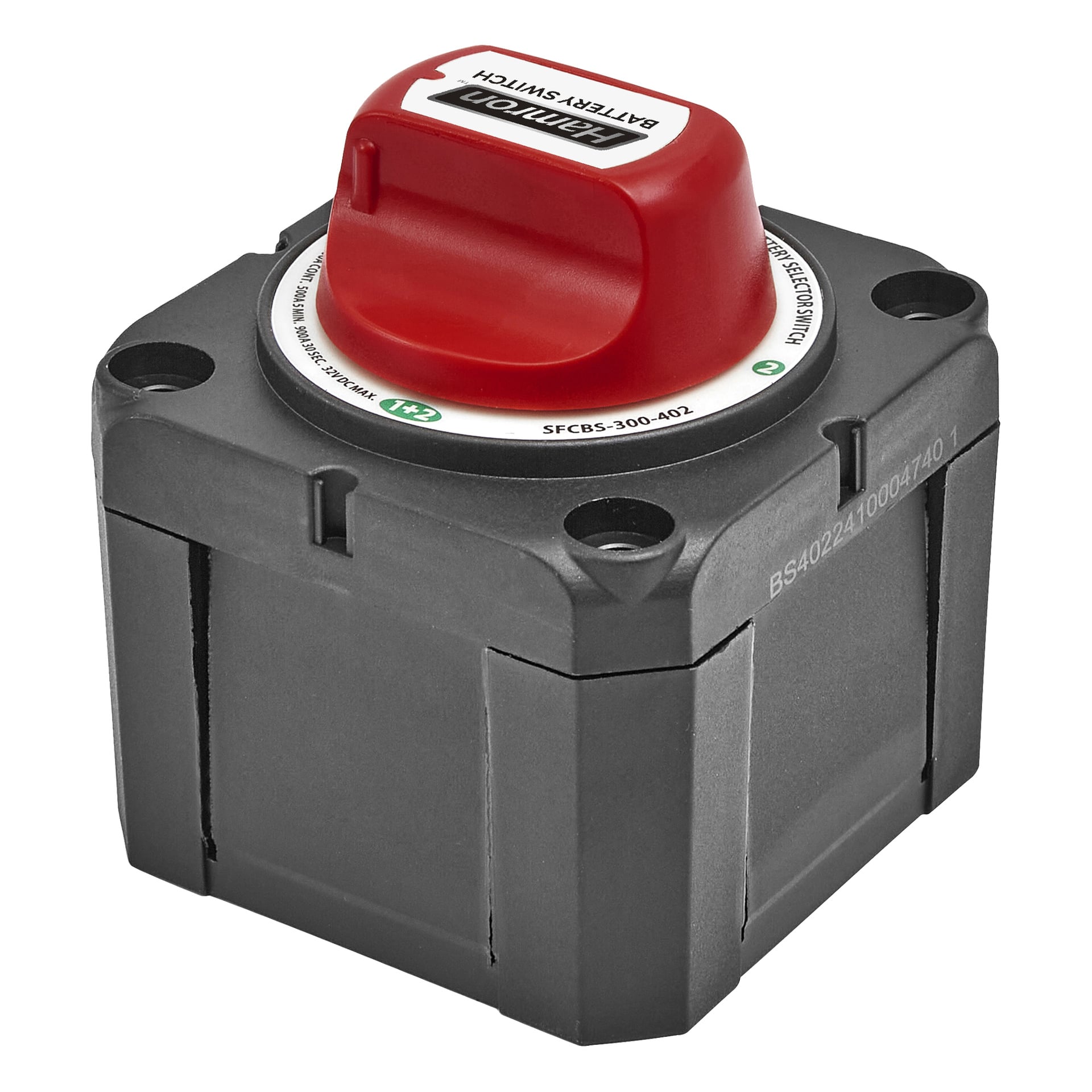 En Hamron svart och grå fyrkantig huvudbrytare med en stor röd vridknapp märkt "BATTERY SWITCH", monterad på en plastlåda.
