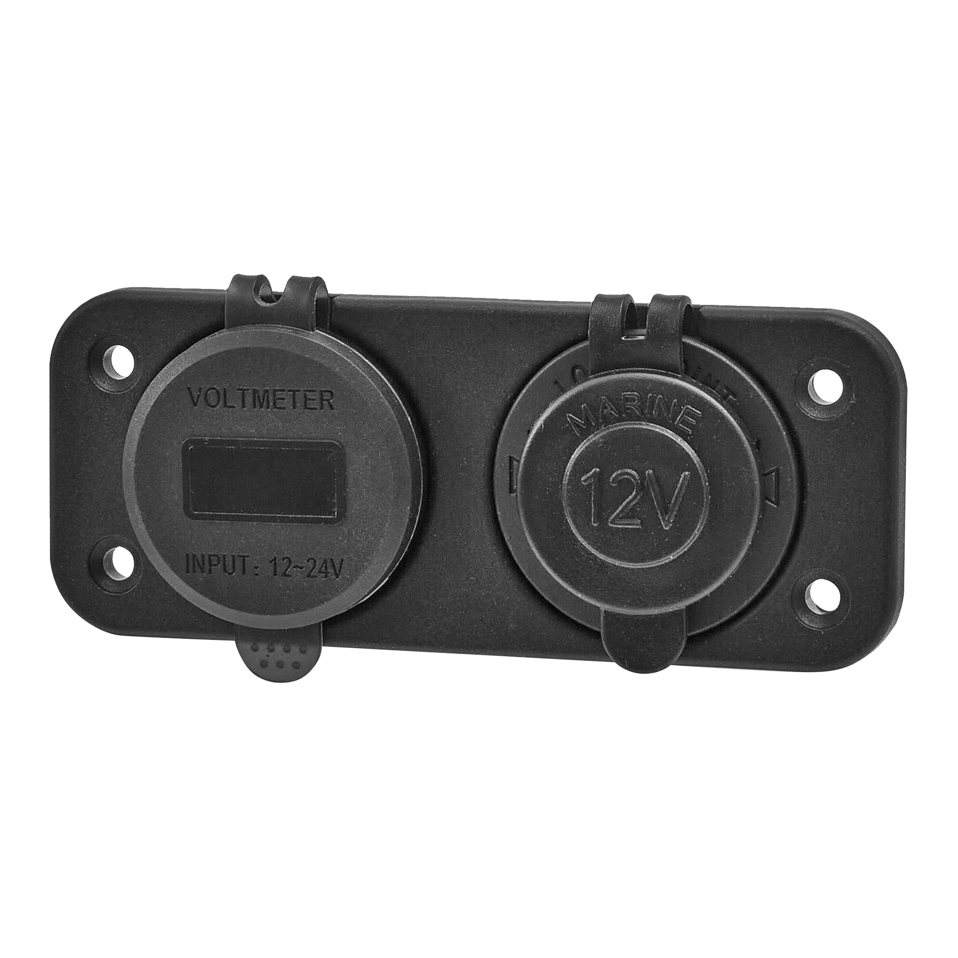 Svart dobbeltpanel Hamron USB/12/24V-kontakt med voltmeter på venstre side og dekket 12V maritim strømforsyning på høyre.