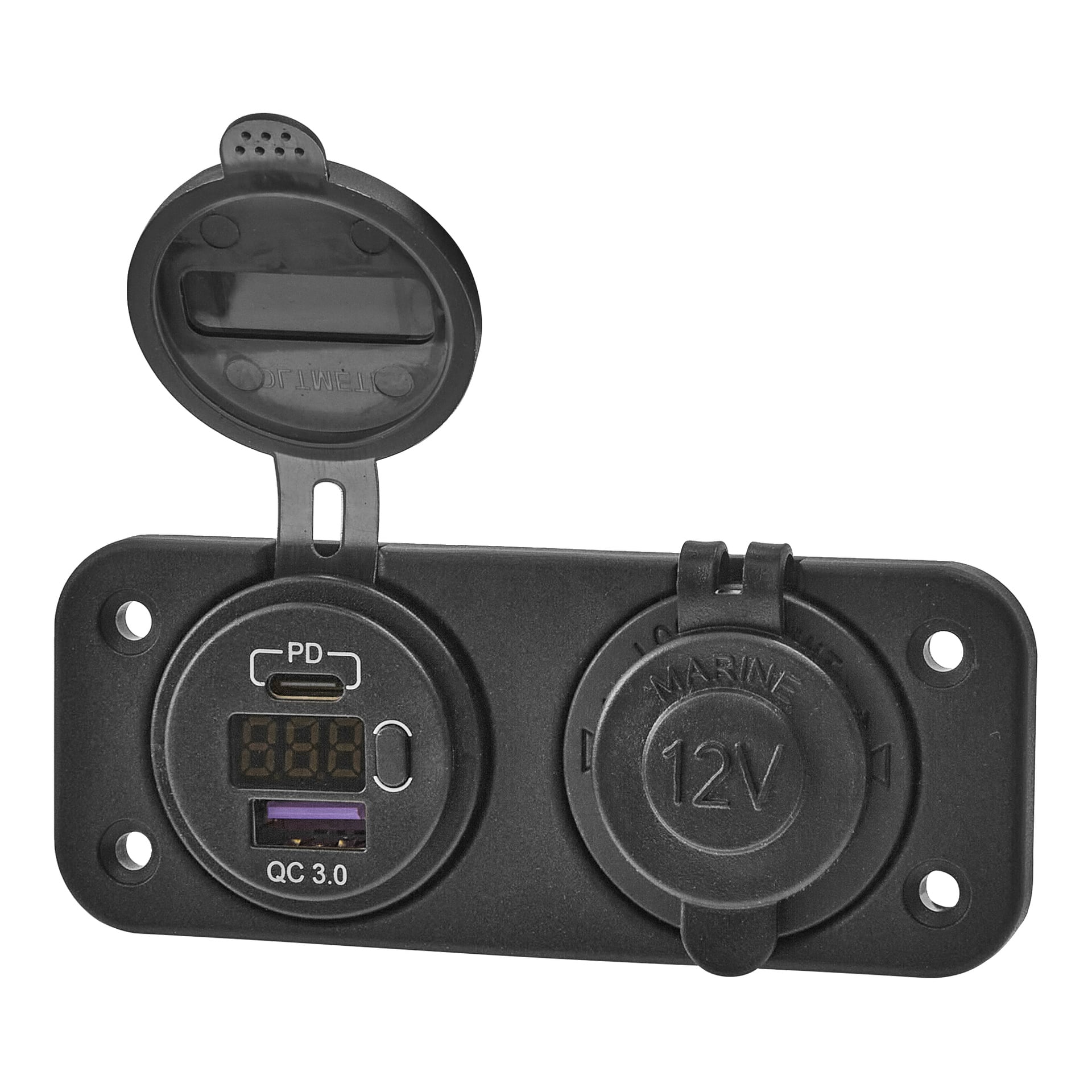 Svart Hamron dobbel marine stikkontakt med to dekkede porter, "PD" med digital skjerm og USB-er, "12V," pluss fire monteringshull.