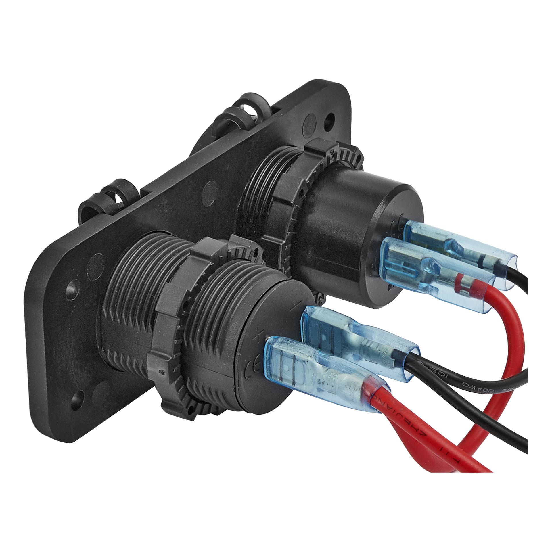 To Hamron USB/12/24V-kontakter på et svart panel, koblet med røde og svarte kabler koblet sammen med blå isolerte kontakter.