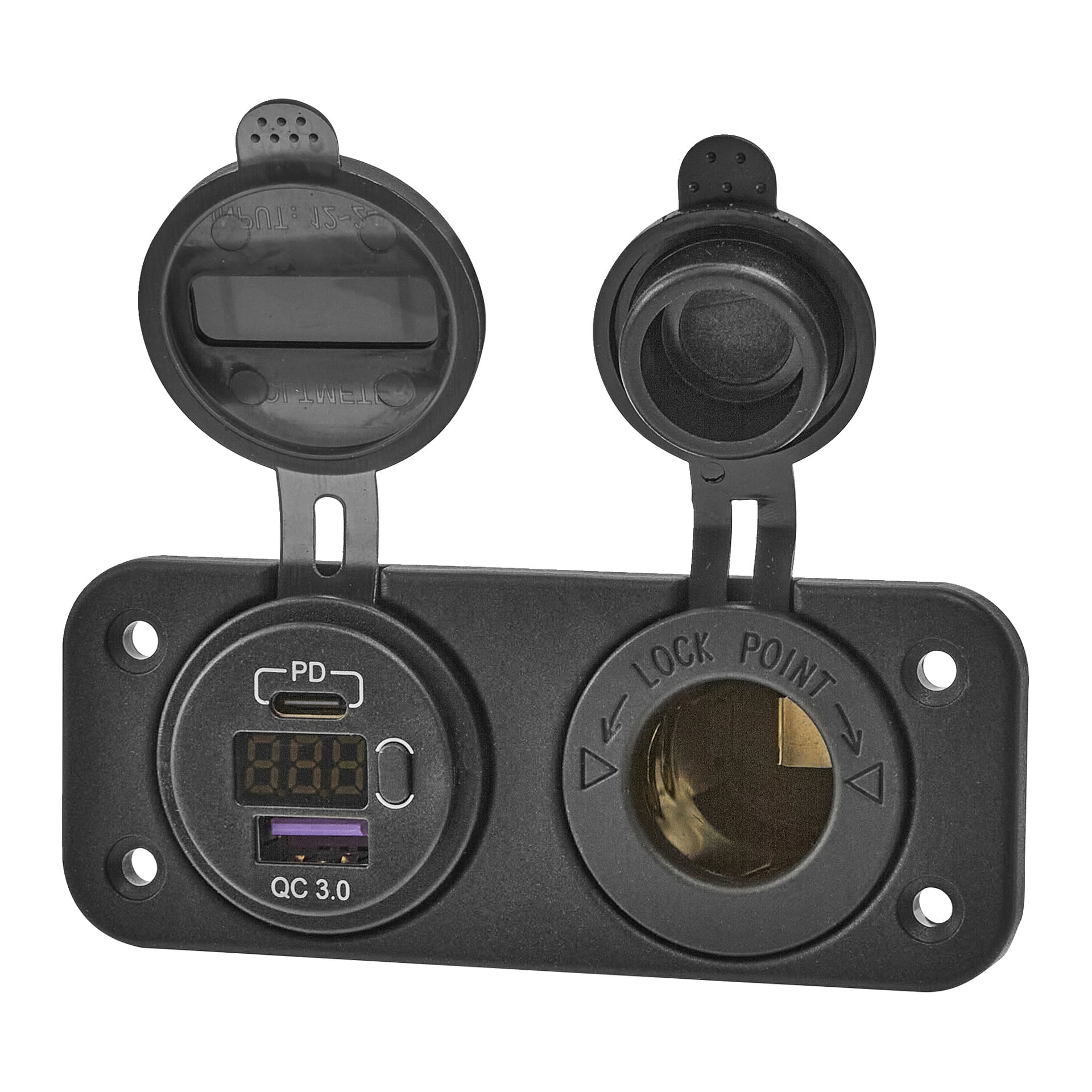Svart toports billadepanel med oppfellbare deksler, spenningsskjerm, USB-C PD og USB-A QC 3.0-porter til venstre, 12V kontakt til høyre.