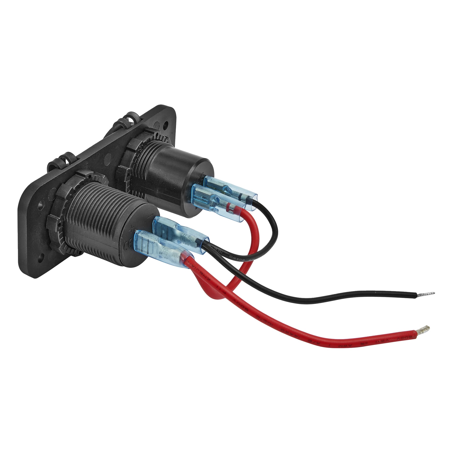 Nærbilde av et Hamron USB/12/24V-sokkelpanel med to kontakter koblet med blå kontakter; En rød og en svart ledning er løse.