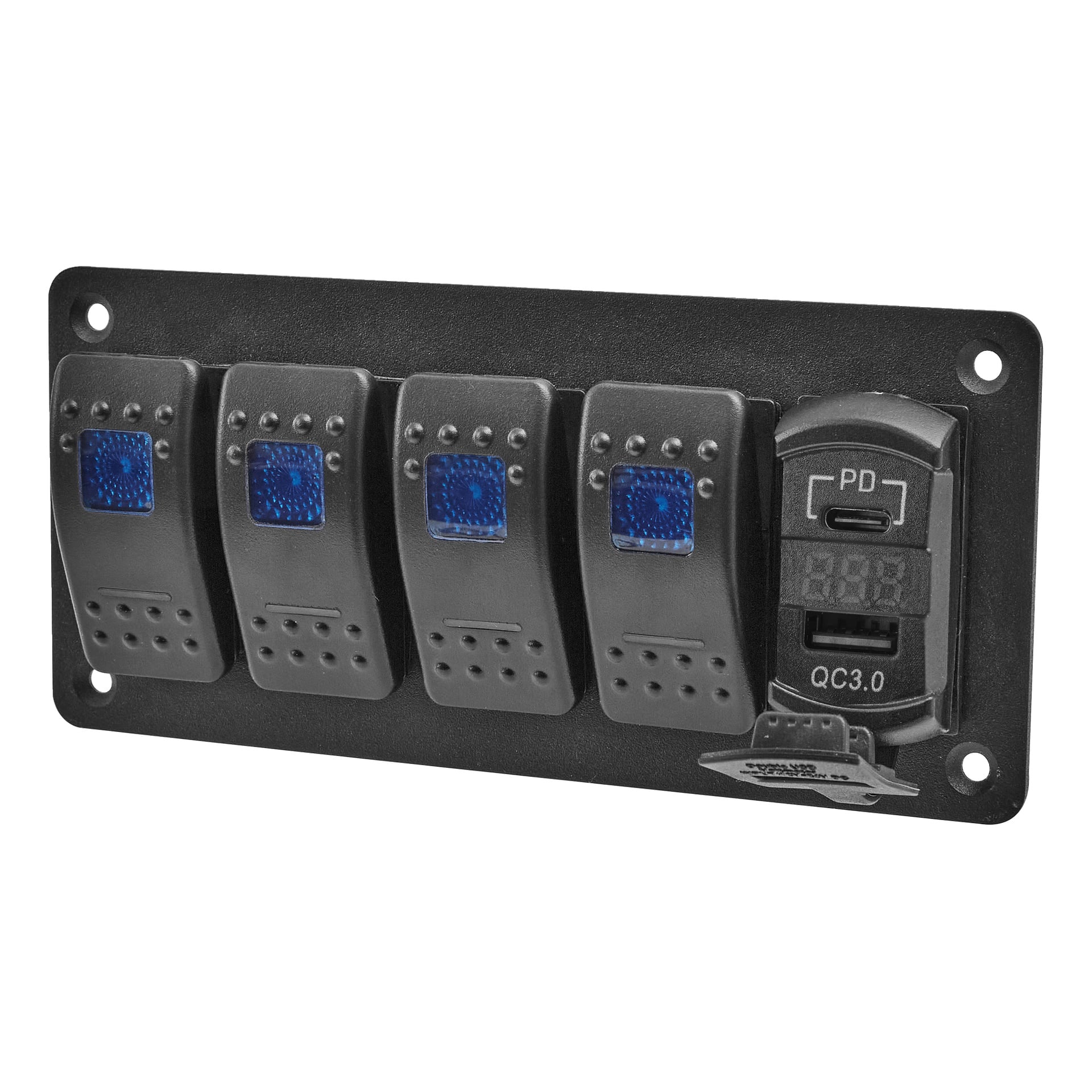 Svart strömbrytarpanel med fyra vippknappar med blå lampor, plus dubbel USB-laddare märkt PD och QC3.0, samt en digital display.
