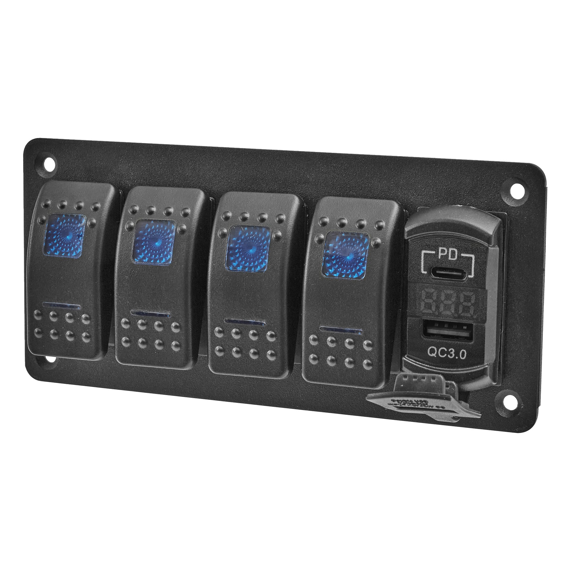 Svart strömbrytarpanel med fyra blåbelysta vippknappar till vänster och en dubbel USB-port med LED-display märkt PD och QC3.0.