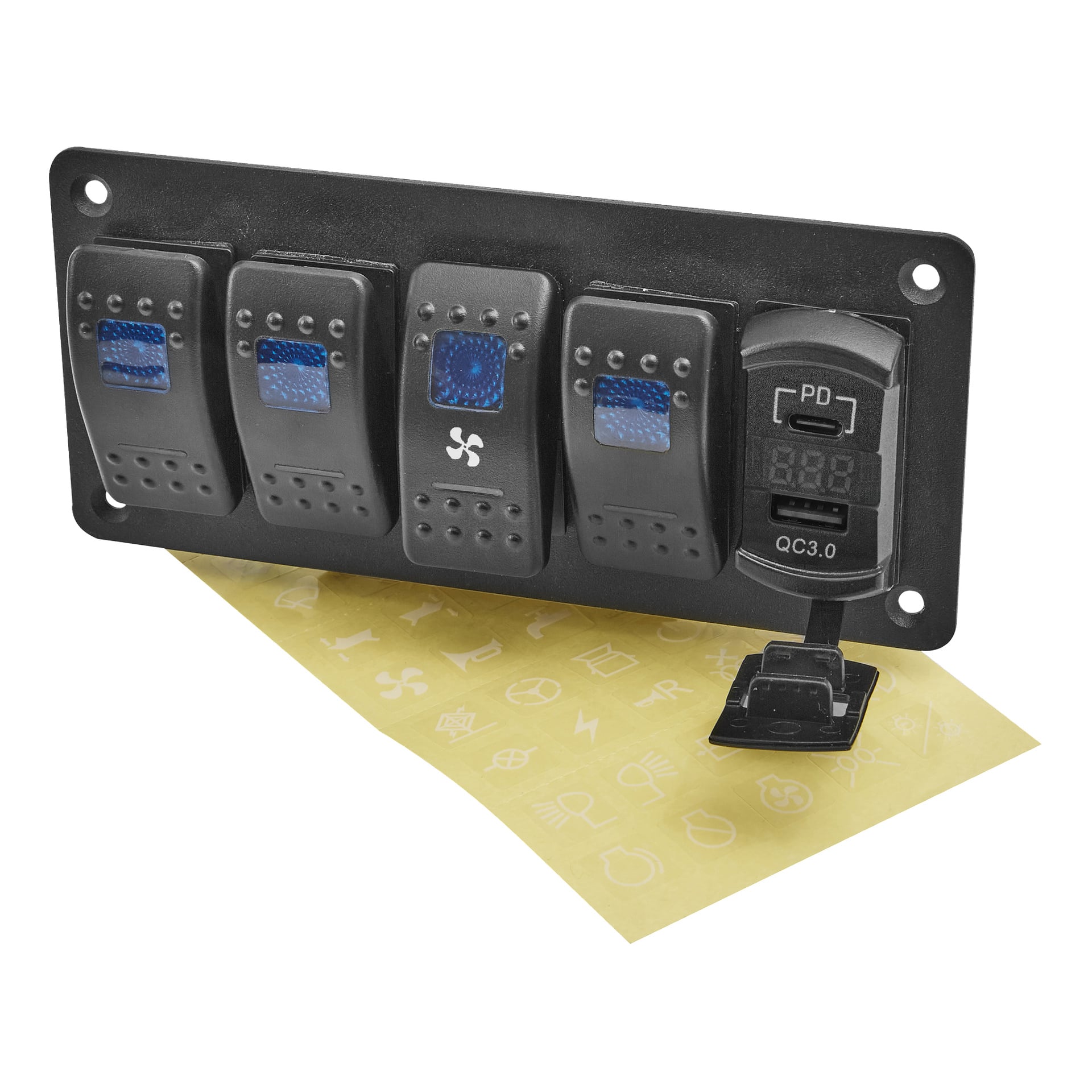 Svart rektangulär strömbrytarpanel med fyra blåbelysta vippbrytare, digital voltmeter, USB- och PD-portar, på ett gult ikonark.