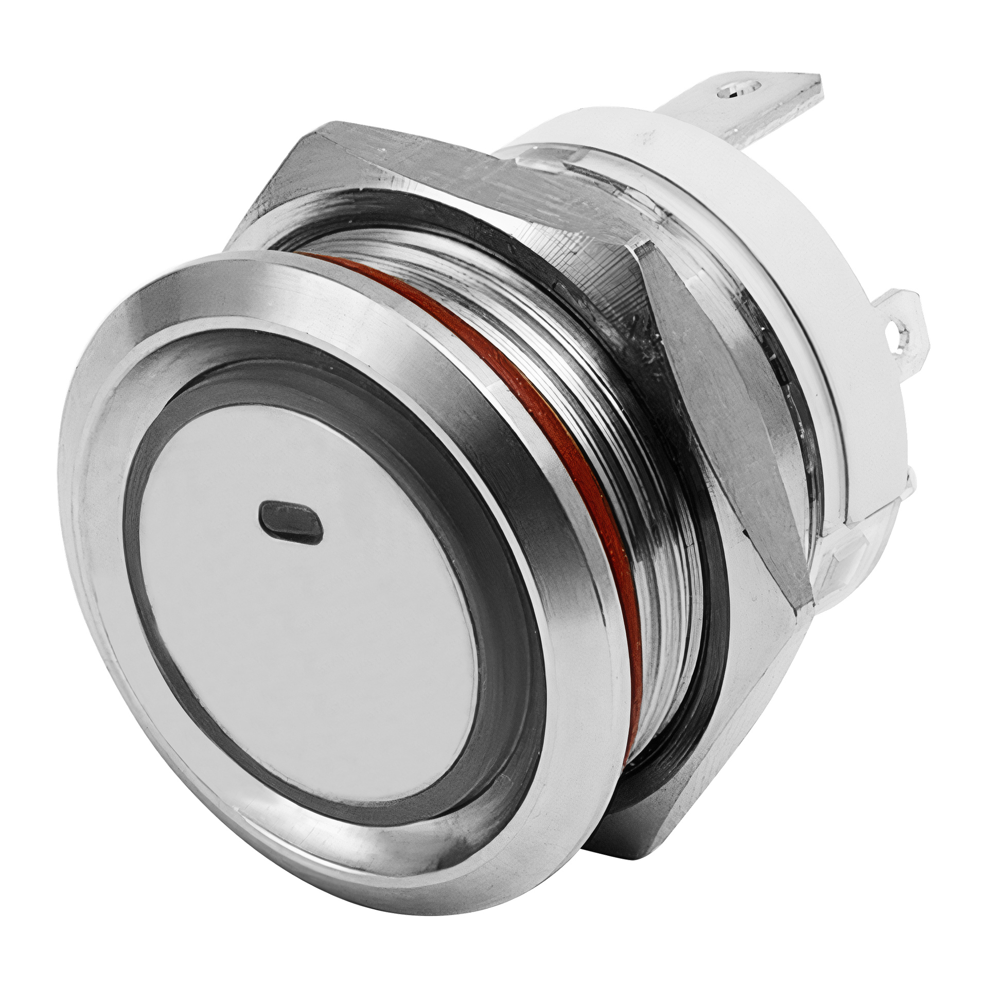 En närbild på Hamron Power-brytarens LED med rund metallisk look, silverring, vit mittpunkt och en liten svart rektangel.