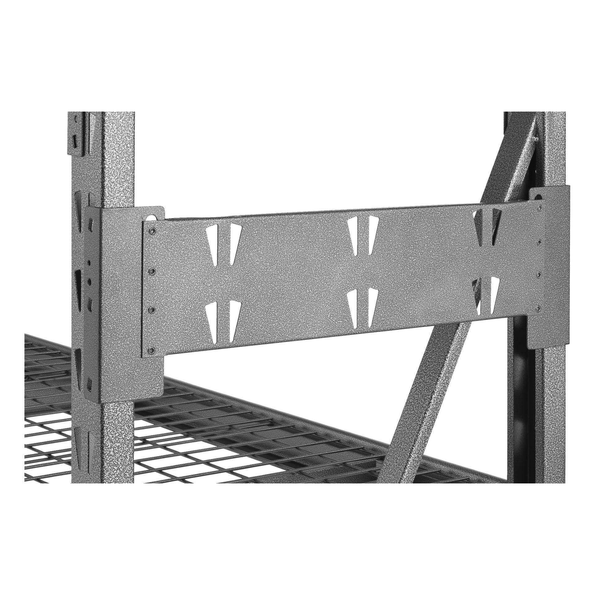 Nærbilde av et Hard Head Hook rack modulært lagringssystem med en grå, teksturert metallbjelke med trekantede utskjæringer på hyllen.