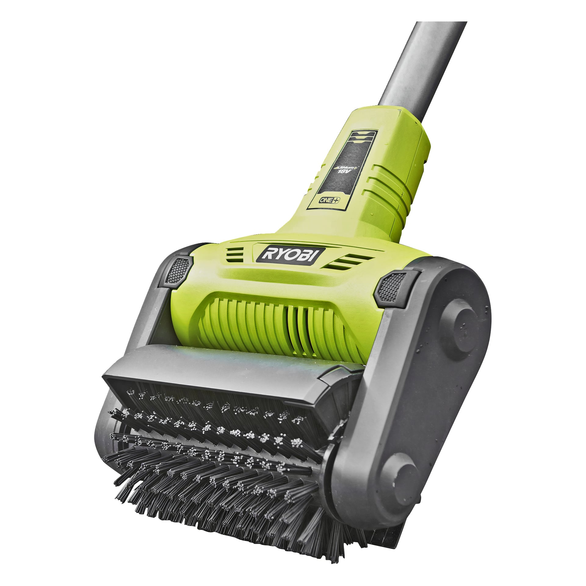 Närbild på Ryobi One+ Patio cleaner RY18PCB-140W som visar stadiga borst, en grön-svart kropp och ett grått handtag.