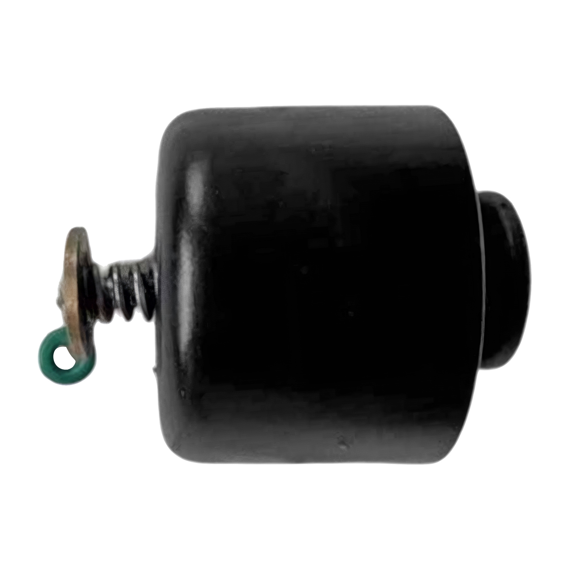 En manuell ventil för färgspruta med en svart cylindrisk gummistötfångare, metallbricka, fjäder och grön slinga i ena änden.