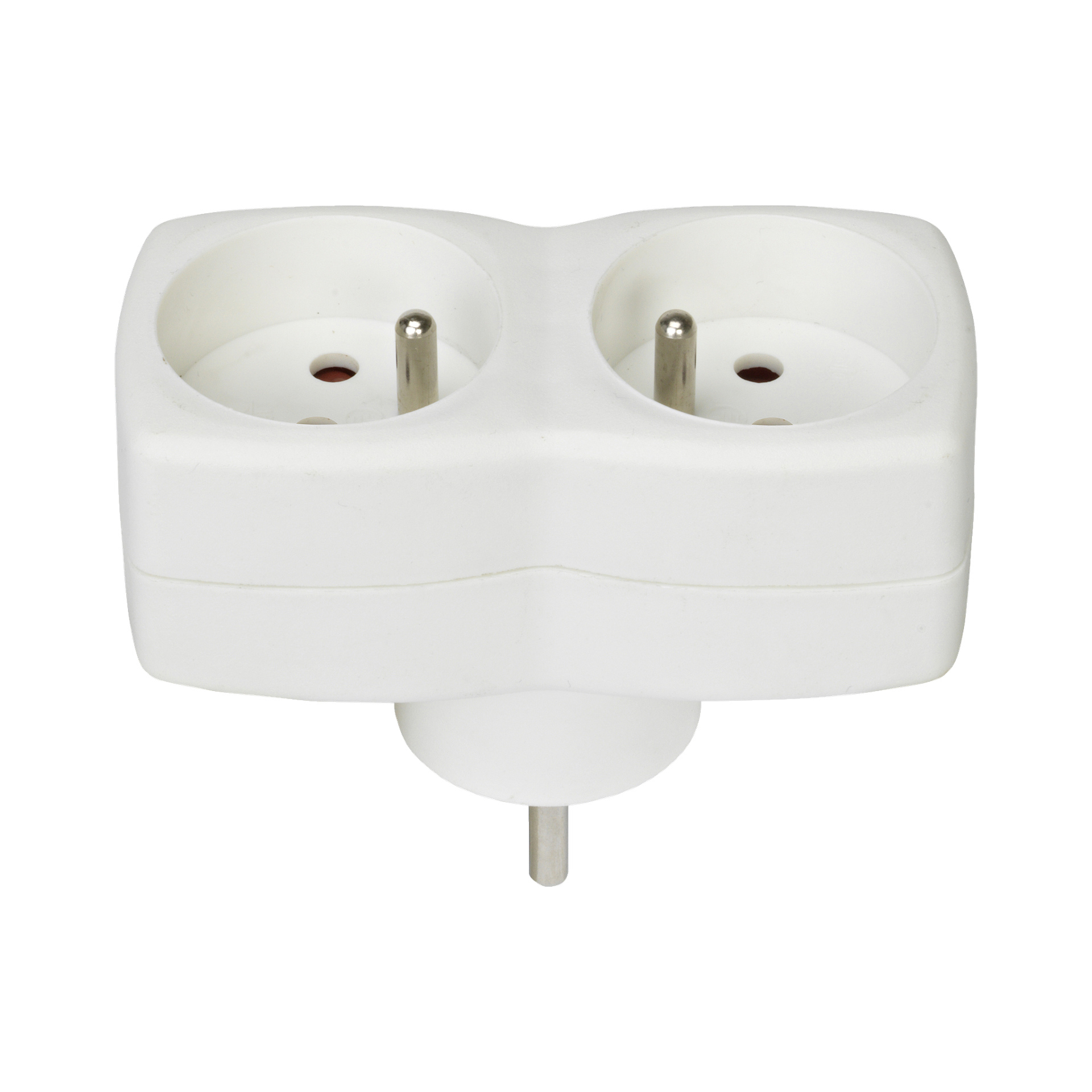Anslut Multi-plug: Biały adapter elektryczny z dwoma okrągłymi gniazdami w stylu europejskim i metalowymi pinami, odpowiedni do użycia z europejskimi wtyczkami.