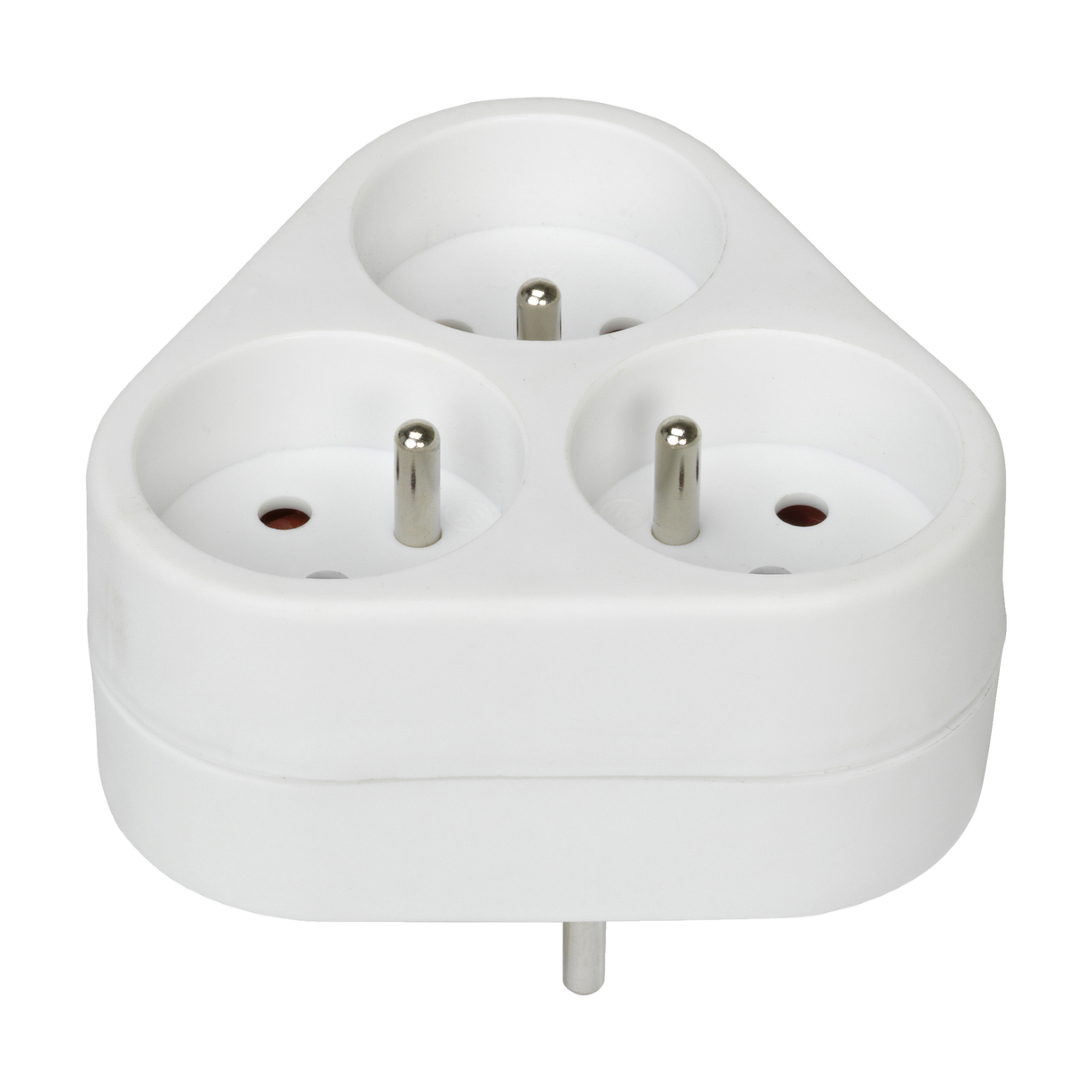 Biały, trójkątny adapter elektryczny Anslut Multi-plug z trzema okrągłymi gniazdkami i metalowymi bolcami, zaprojektowany do podłączania do gniazdka w celu podłączenia kilku urządzeń jednocześnie.