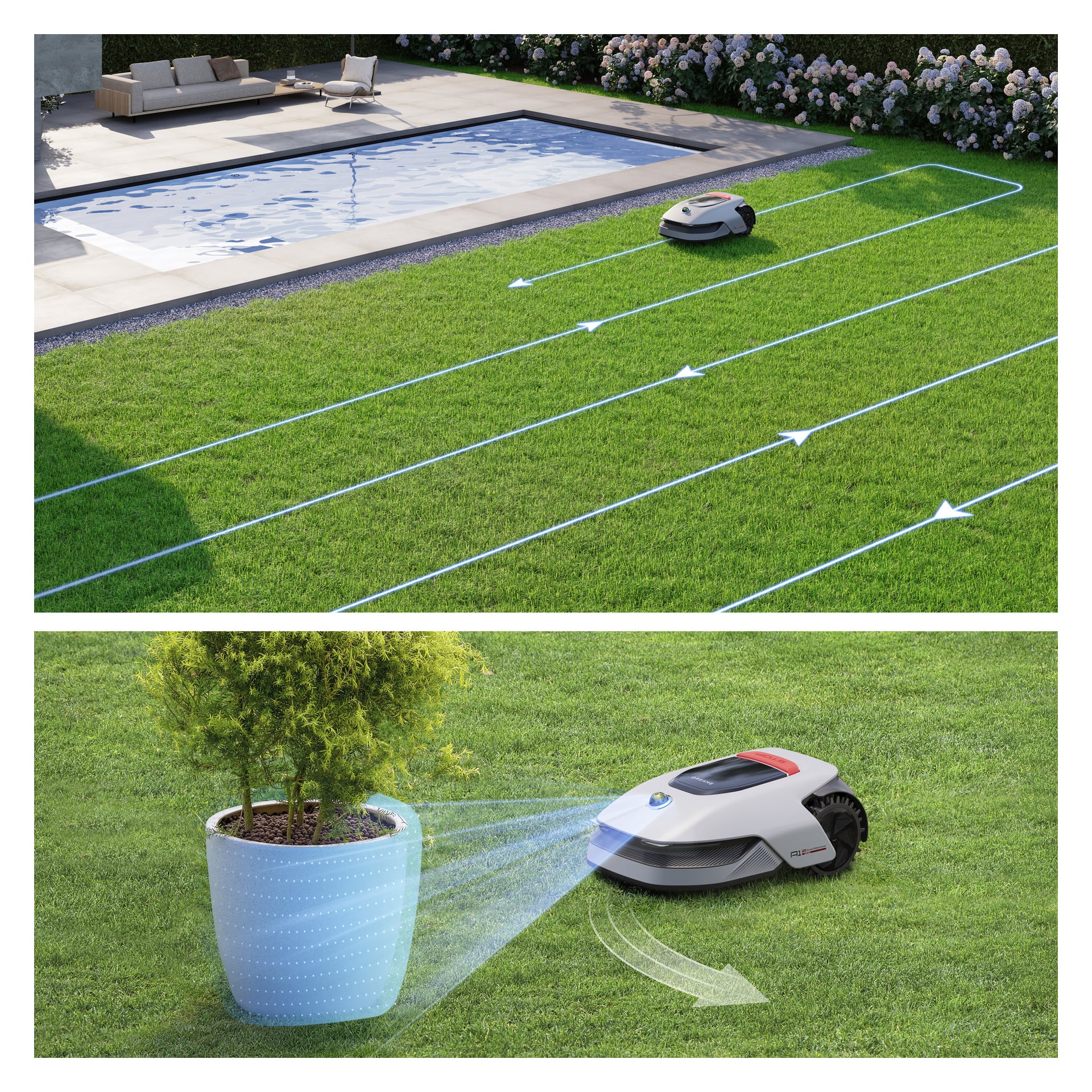 Två bilder: Dreames robotgräsklippare gör raka linjer vid en pool, och rör sig sedan smart runt en stor krukväxt.