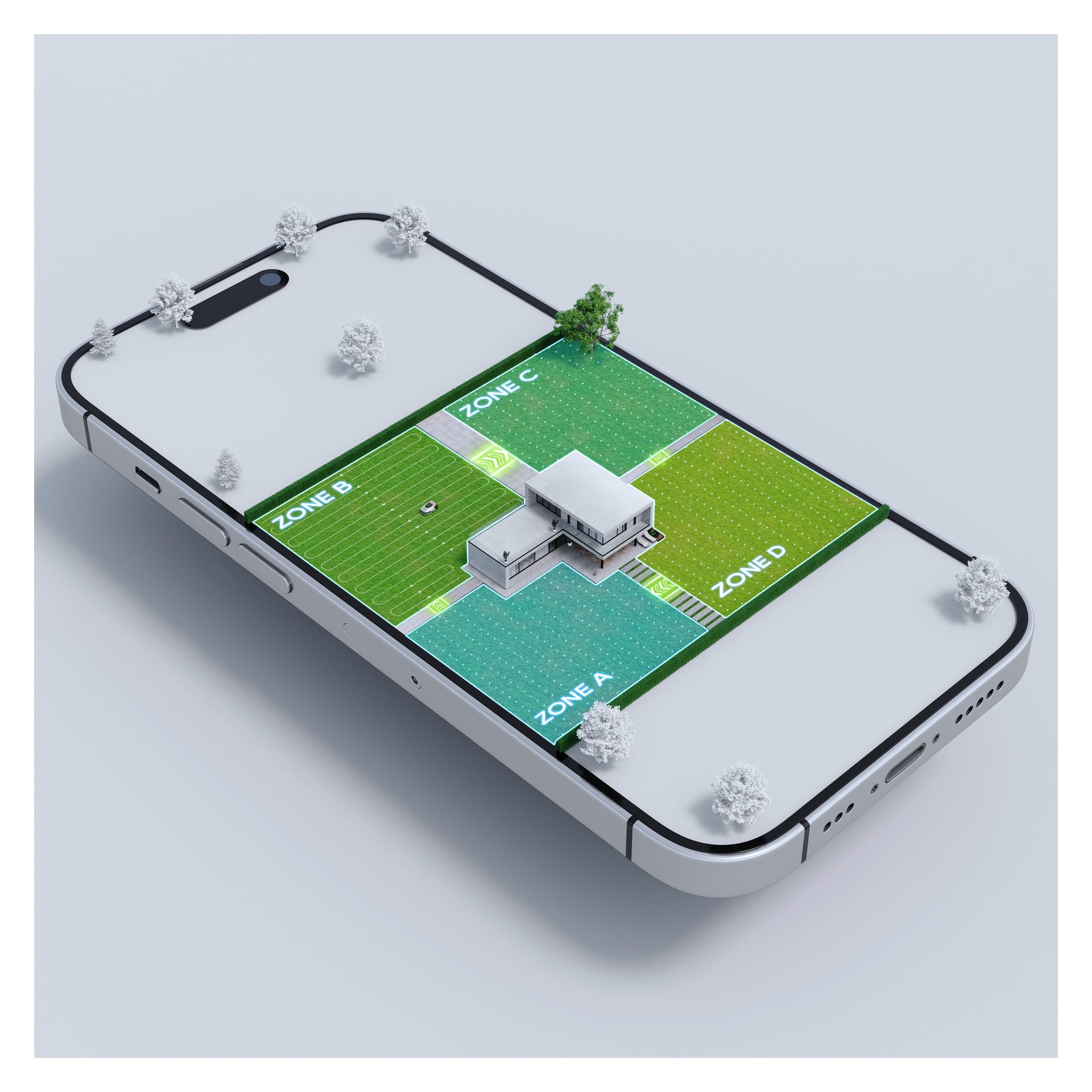 En Dreame Robotic gräsklippare visas på en smartphone med fyra färgzoner märkta A–D och små träd på skärmen.