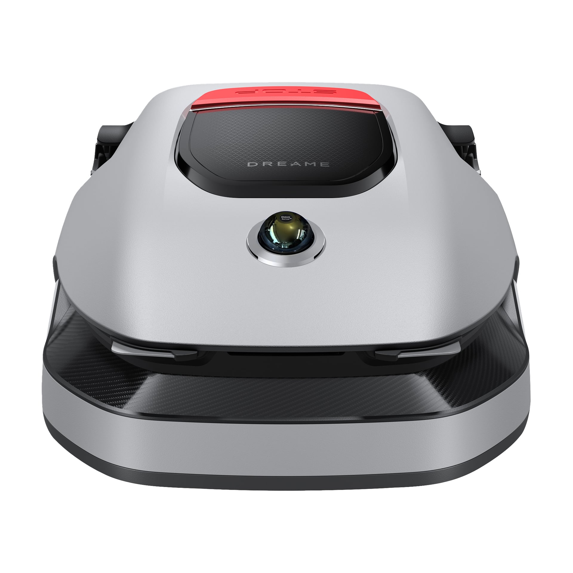 Framifrån av en silver- och svart Dreame-robotgräsklippare med röd accent ovanpå, central sensor och ett elegant modernt utseende.