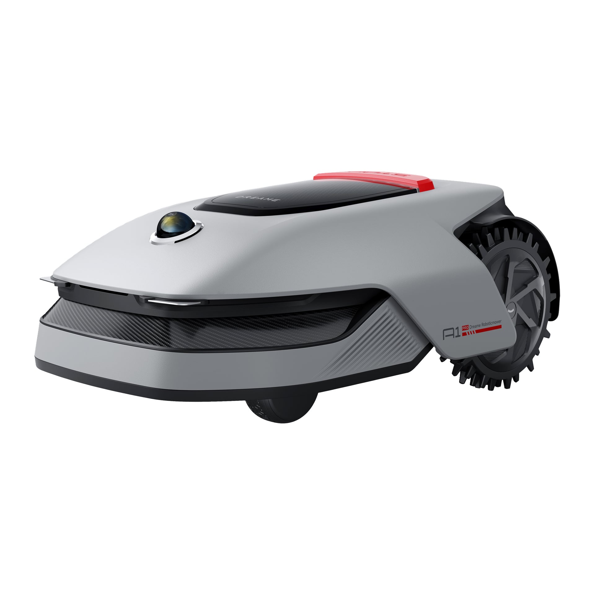 En modern Dreame robotgräsklippare utan gränskabel D, i grått med svart tak, stora bakhjul och en röd detalj bak.