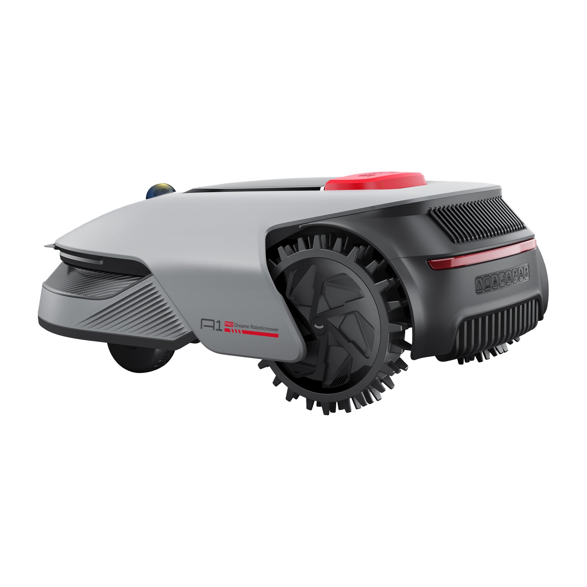 Dreame robotgräsklippare i grått och svart med texturerade hjul och en röd knapp på toppen, vilket visar en modern estetik.