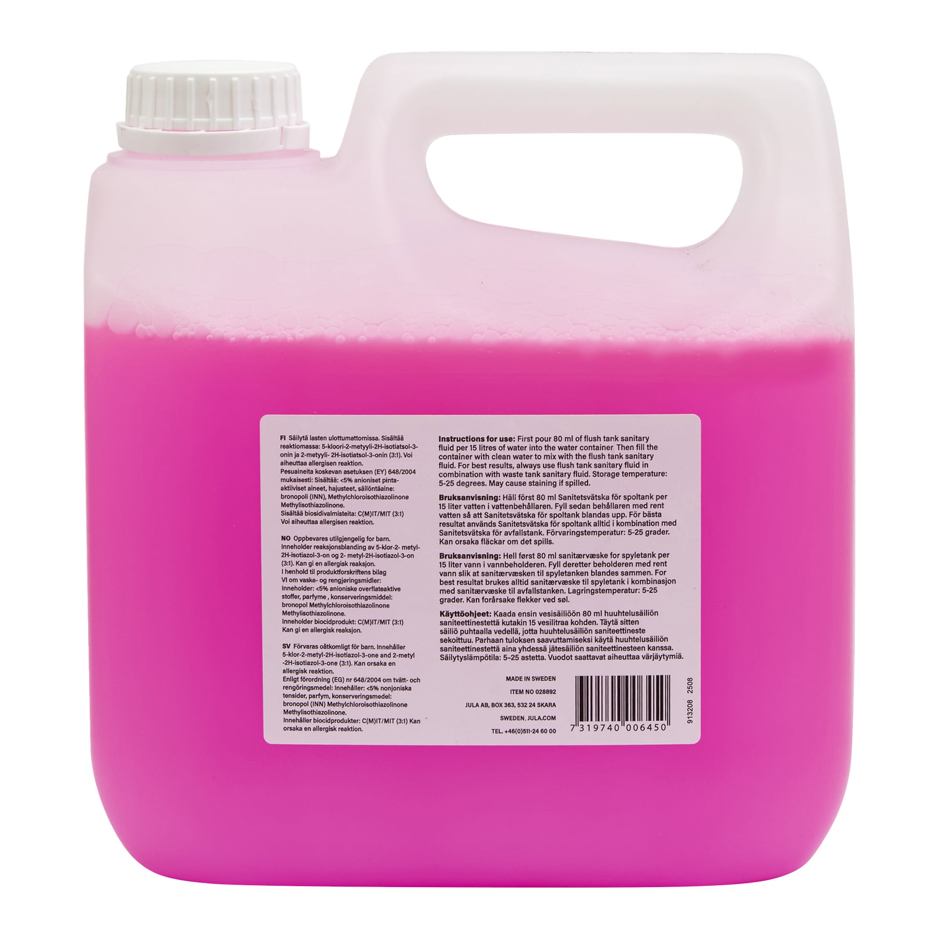 En genomskinlig plastbehållare av Kayoba med rosa flush tankvätska med vit skruvlock, handtag och en stor vit etikett.