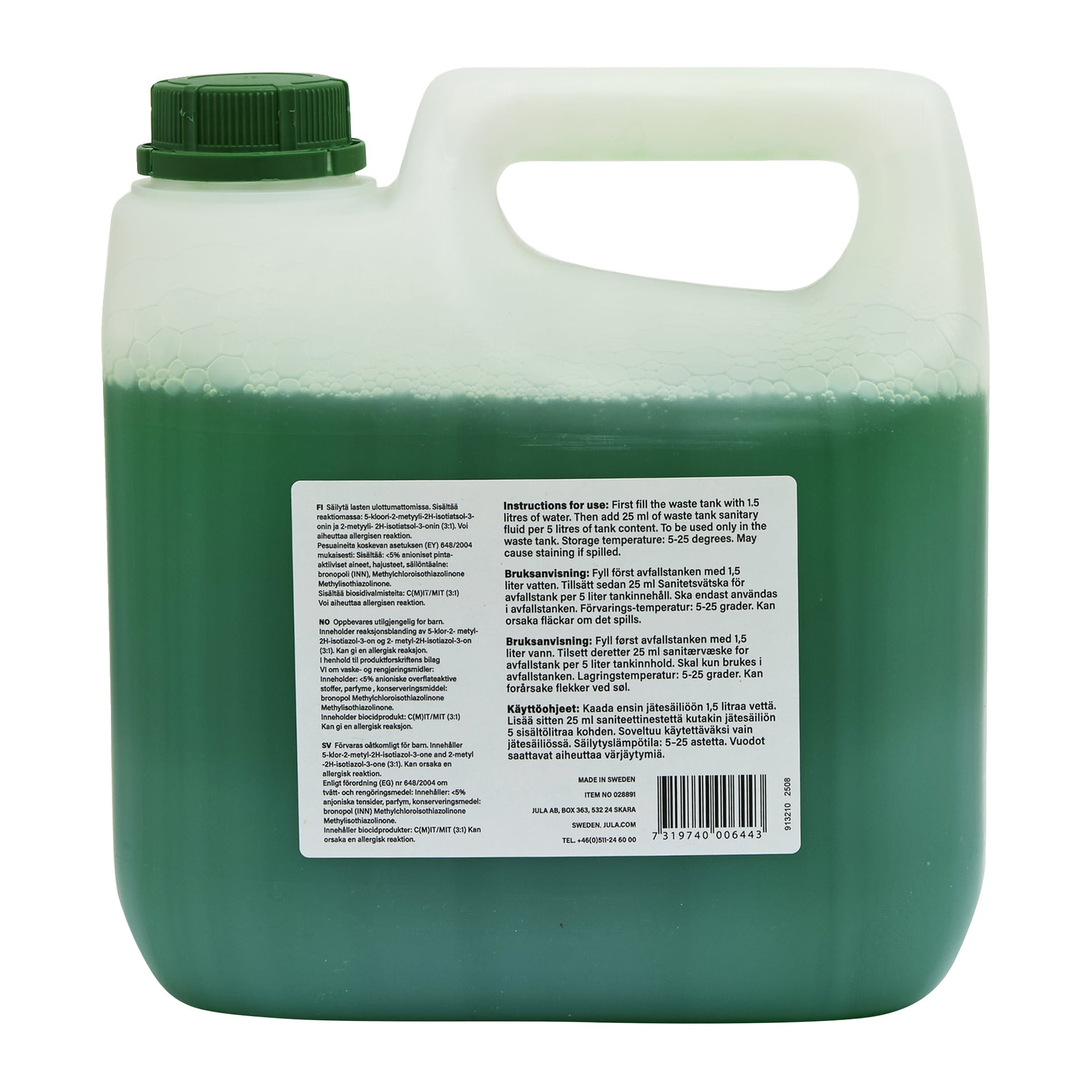 En plastkanne med Kayoba Sanitary Fluid for Waste Tank med grønt lokk, håndtak, grønn væske inni, og en etikett med instruksjoner.