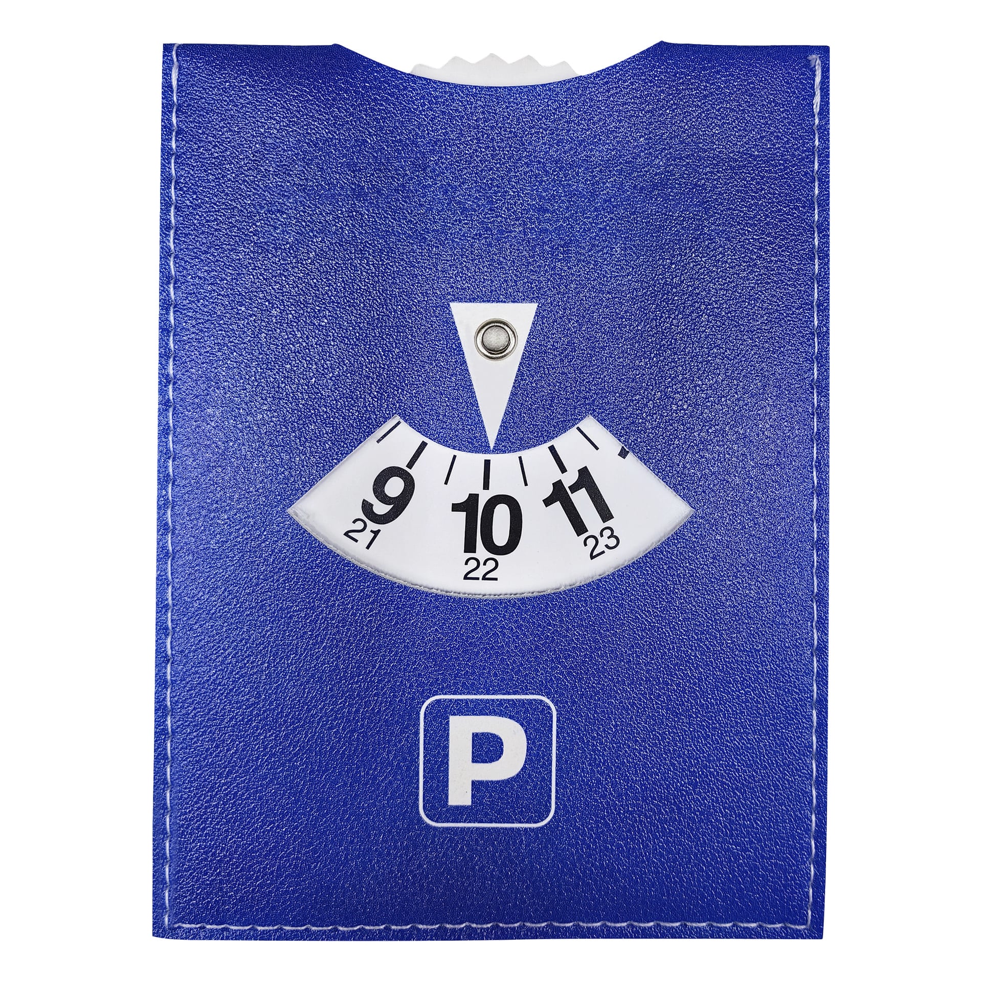 Niebieski dysk parkingowy Hamron z białym przeszyciem, białym symbolem parkingowym i pokrętłem ustawionym na 10:00 między godzinami 9–12.