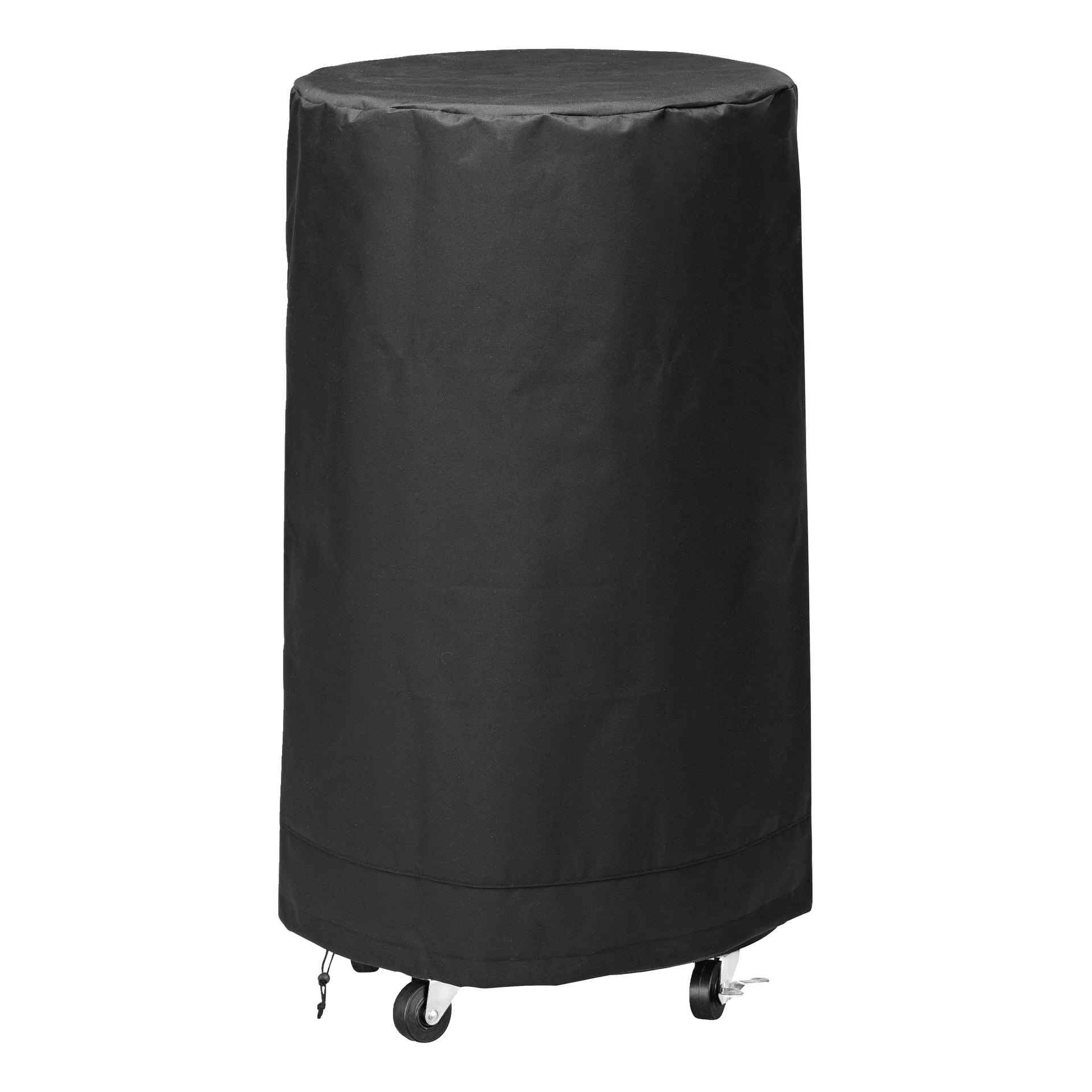 Ett svart lock, som helt omsluter festkylaren, som stöds av fyra hjul för rörlighet.