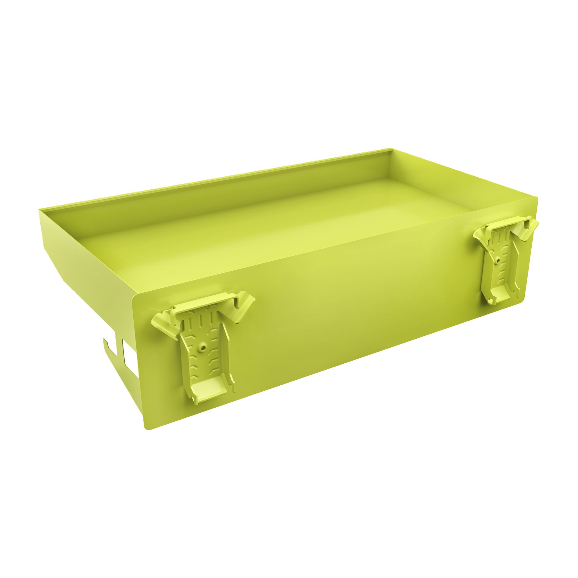 Ryobi LINK RSLW402 Shelf med krokar är en rektangulär, limegrön metalllåda med två lås på ena sidan och ett öppet tak.