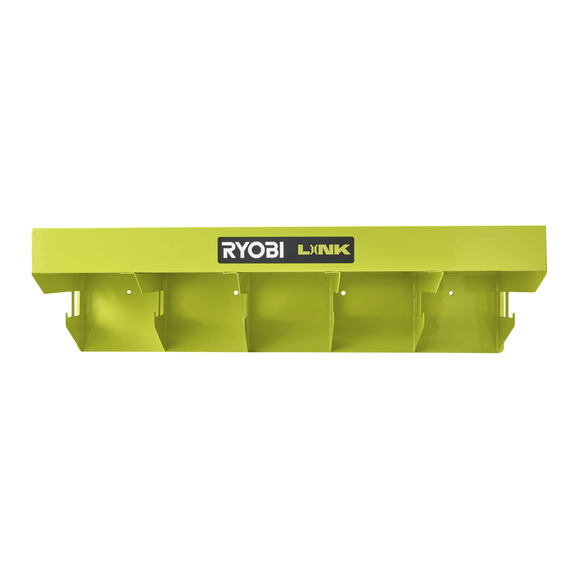 Grön Ryobi LINK hylla (modell RSLW402) med krokar, LINK-logotyp och fyra fack för väggförvaring.