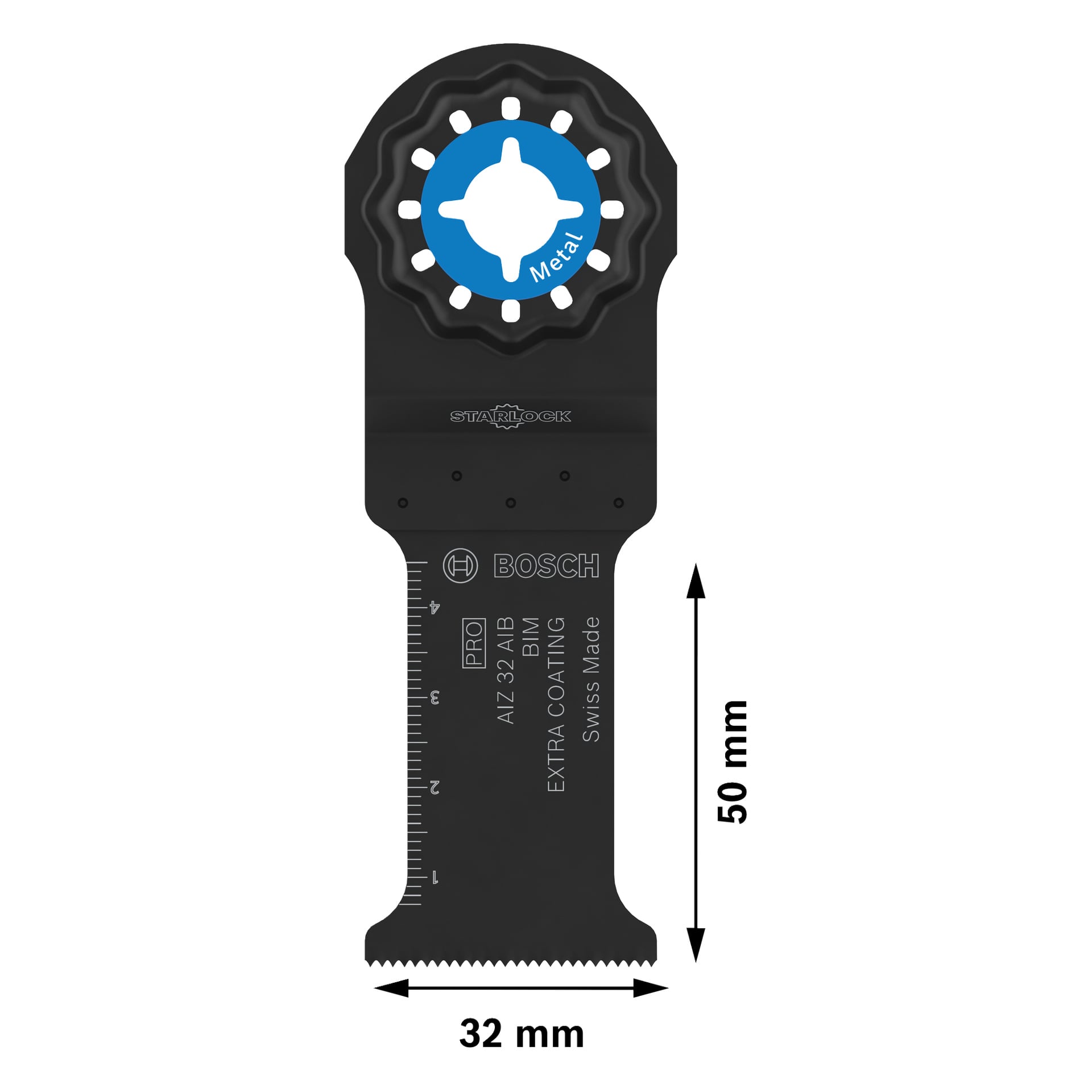 Bosch Pro AIZ32AIB Starlock multiverktøysagblad for metall, 32 mm bredt, 50 mm langt, svart med merkinger og produktinformasjon.