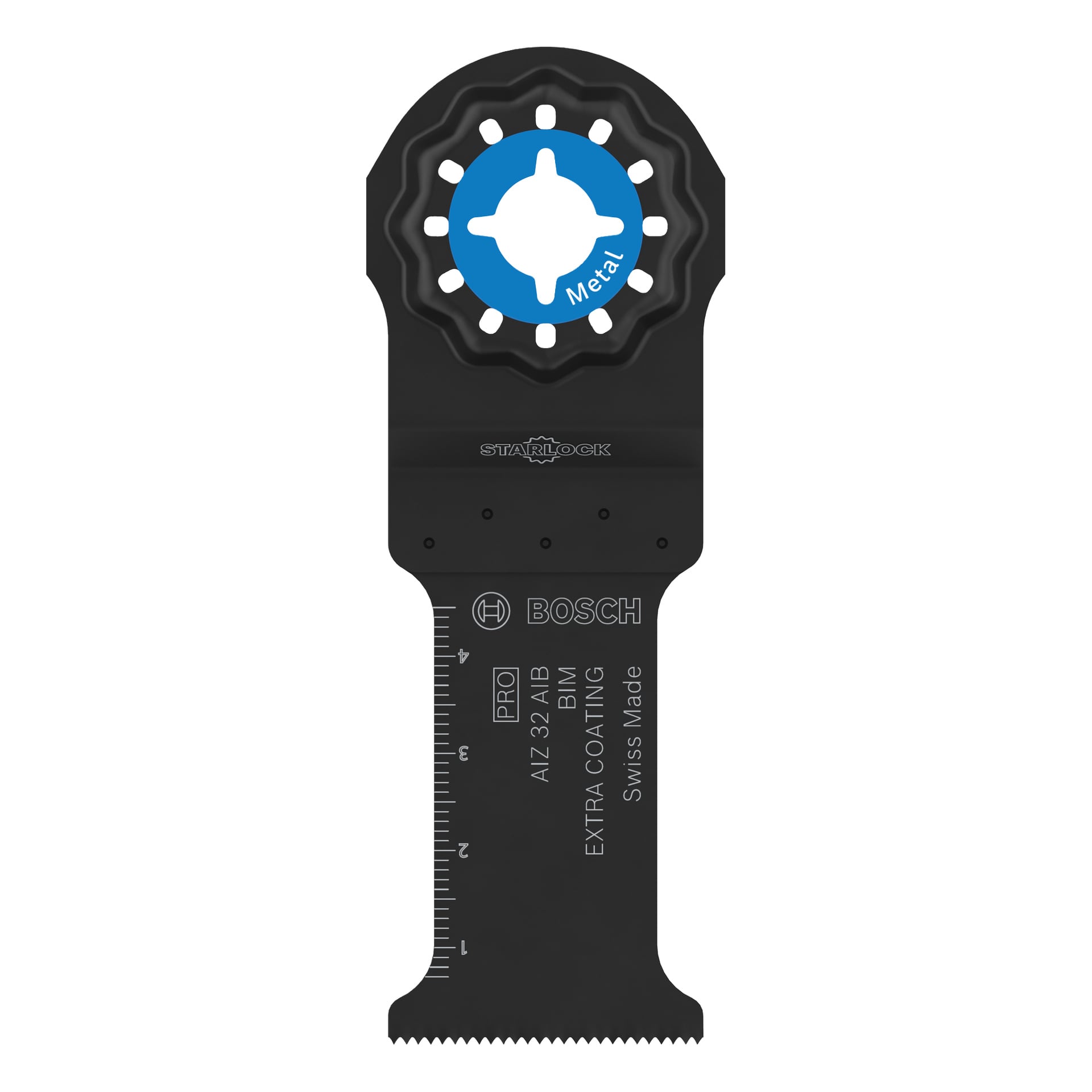 Bosch Pro Saw blad AIZ32AIB, Starlock oscillerende multiverktøyblad for metall, svart kropp, blå feste, merkinger, PRO BIM SWISS MADE tekst.