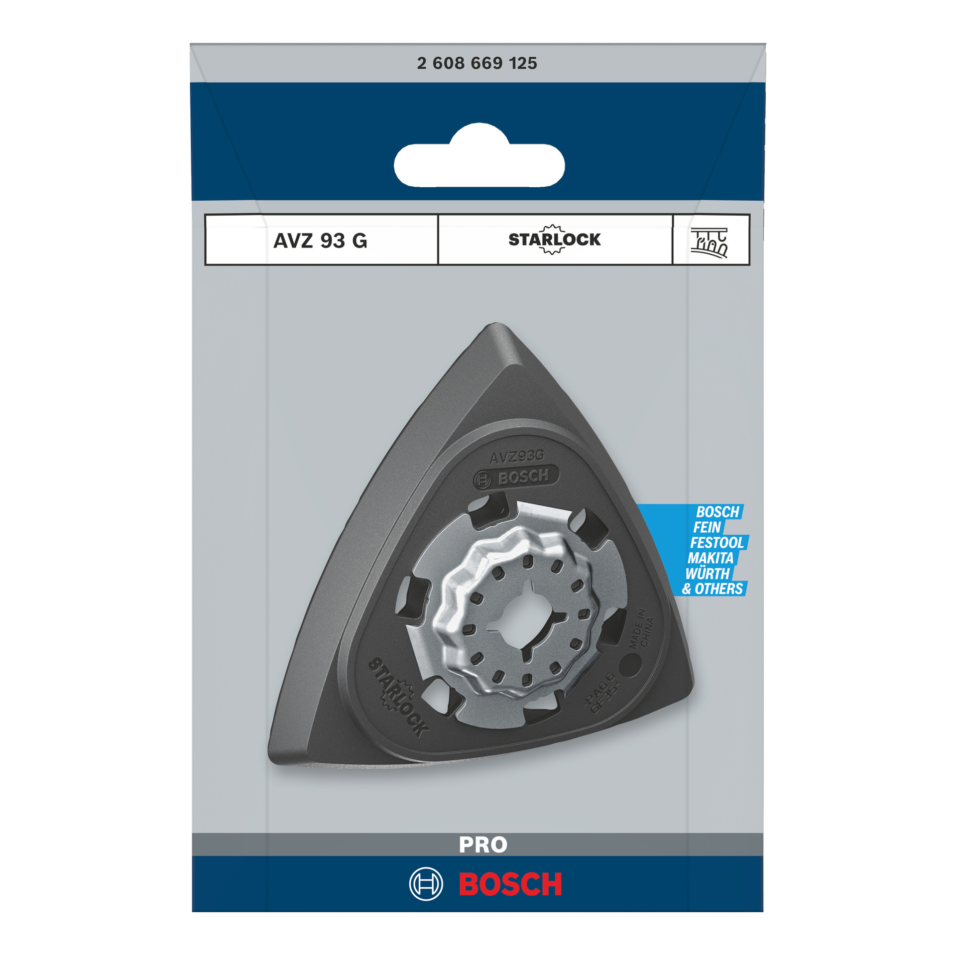 Bosch Pro Delta slipplatta AVZ93G i märkesförpackning, som visar sin triangulära form för oscillerande multiverktyg.