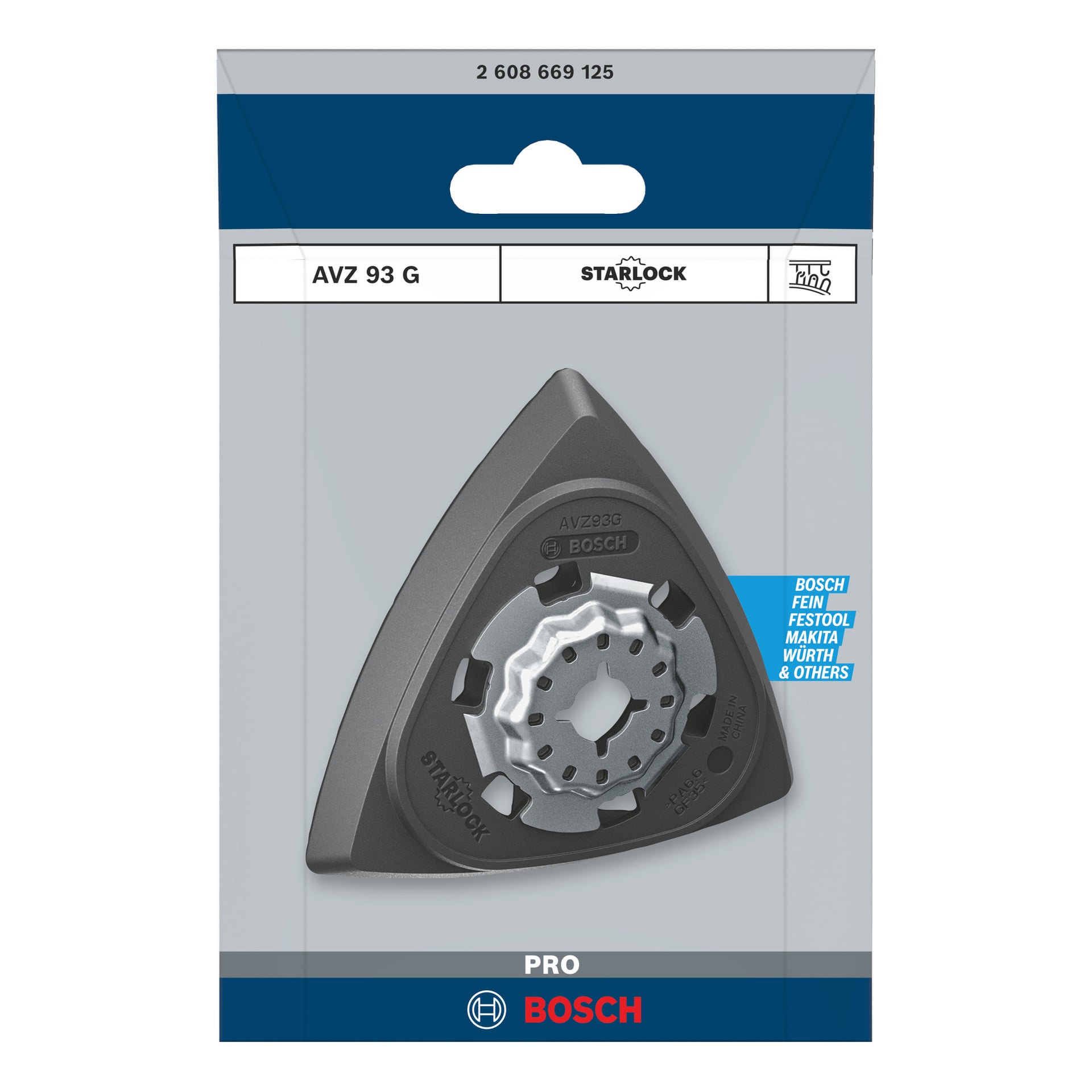 Bosch Pro Delta slipplatta AVZ93G i märkesförpackning, som visar sin triangulära form för oscillerande multiverktyg.