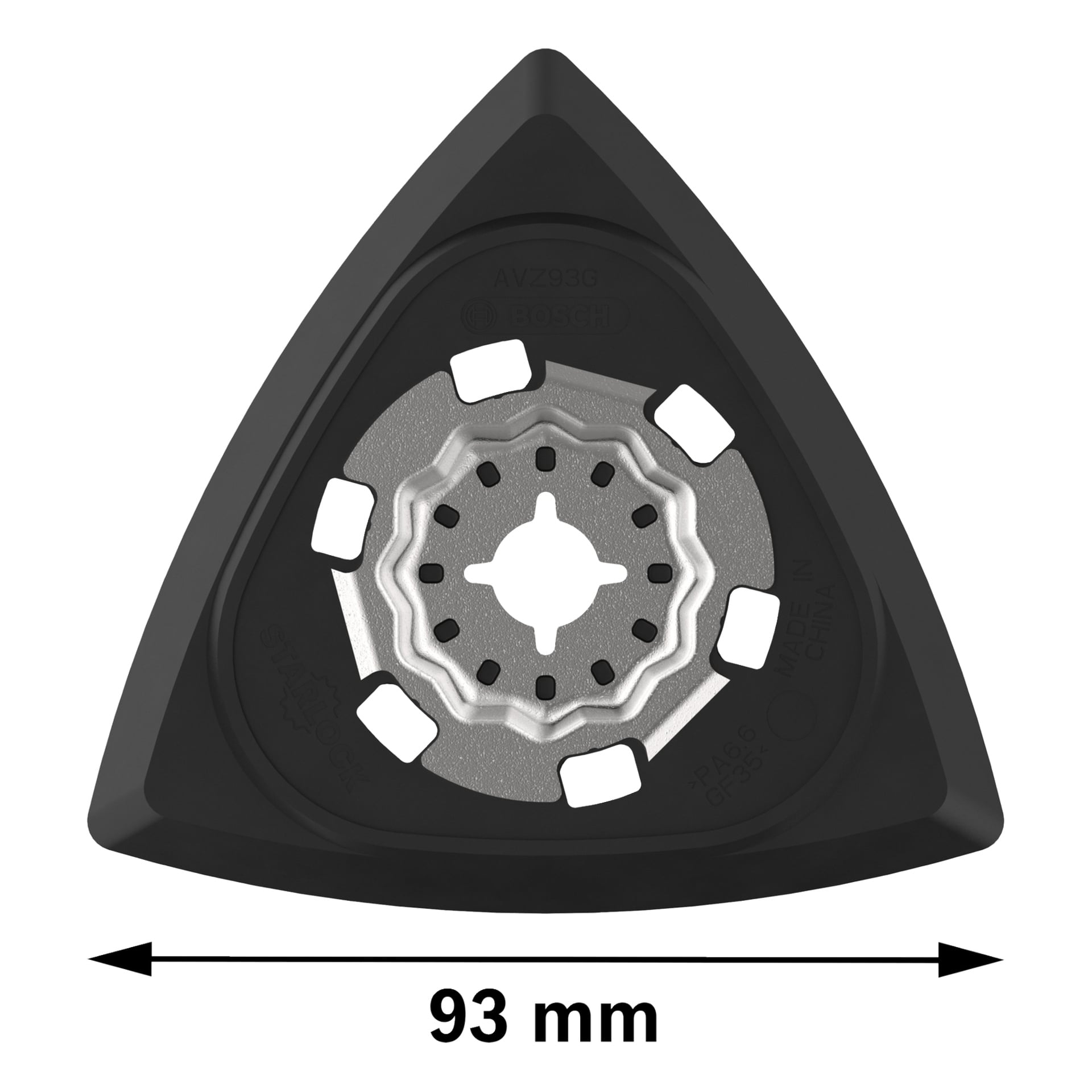 Bosch Pro Delta slipplatta AVZ93G, triangulärt svart och silverfärgat huvud med mitthål, urtag och en 93 mm dubbelpil under.