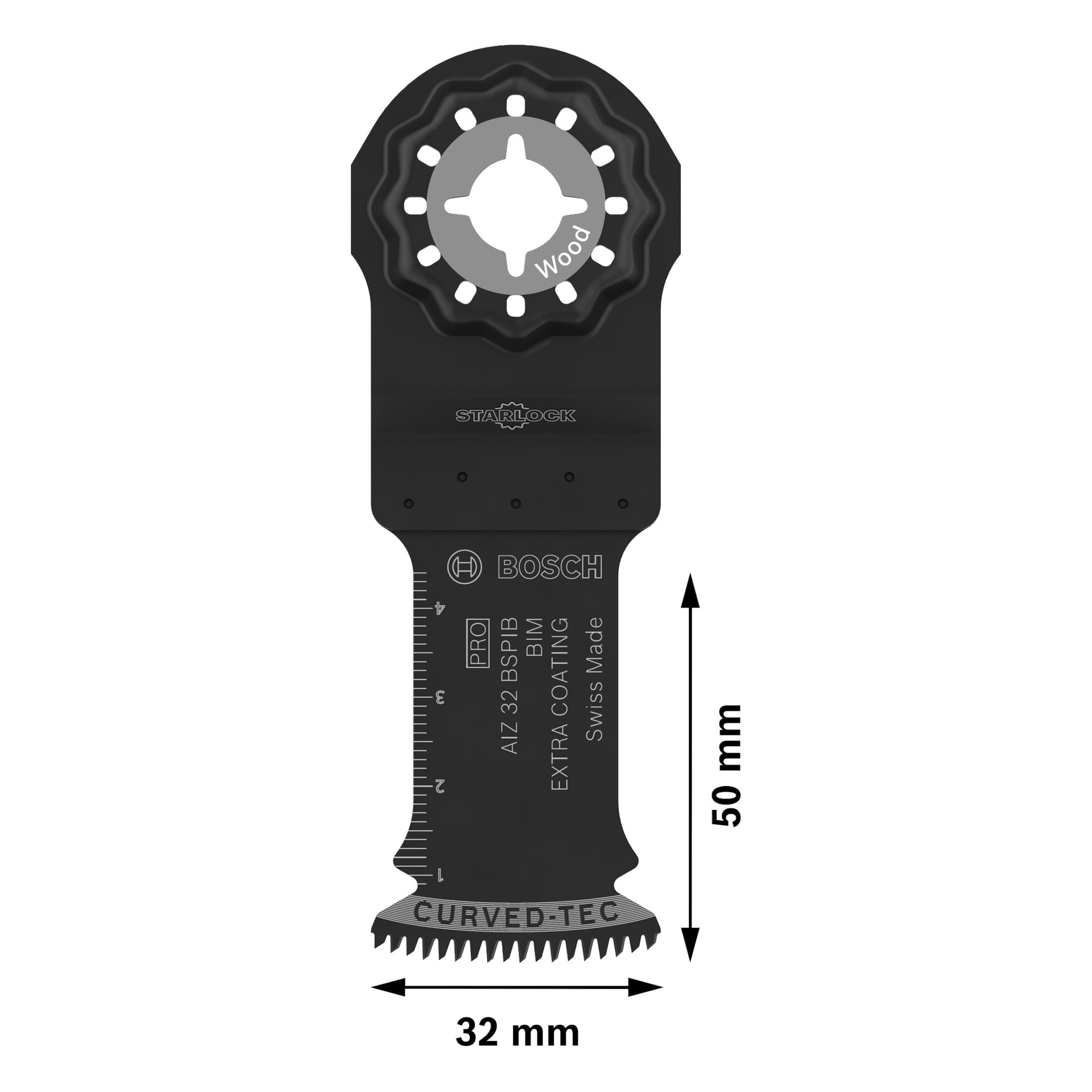 Bosch Pro Sagblad AIZ32BSPIB 5-pakning inkluderer 50x32 mm buede blader for tre, merket med linjal, mål og produktinformasjon.