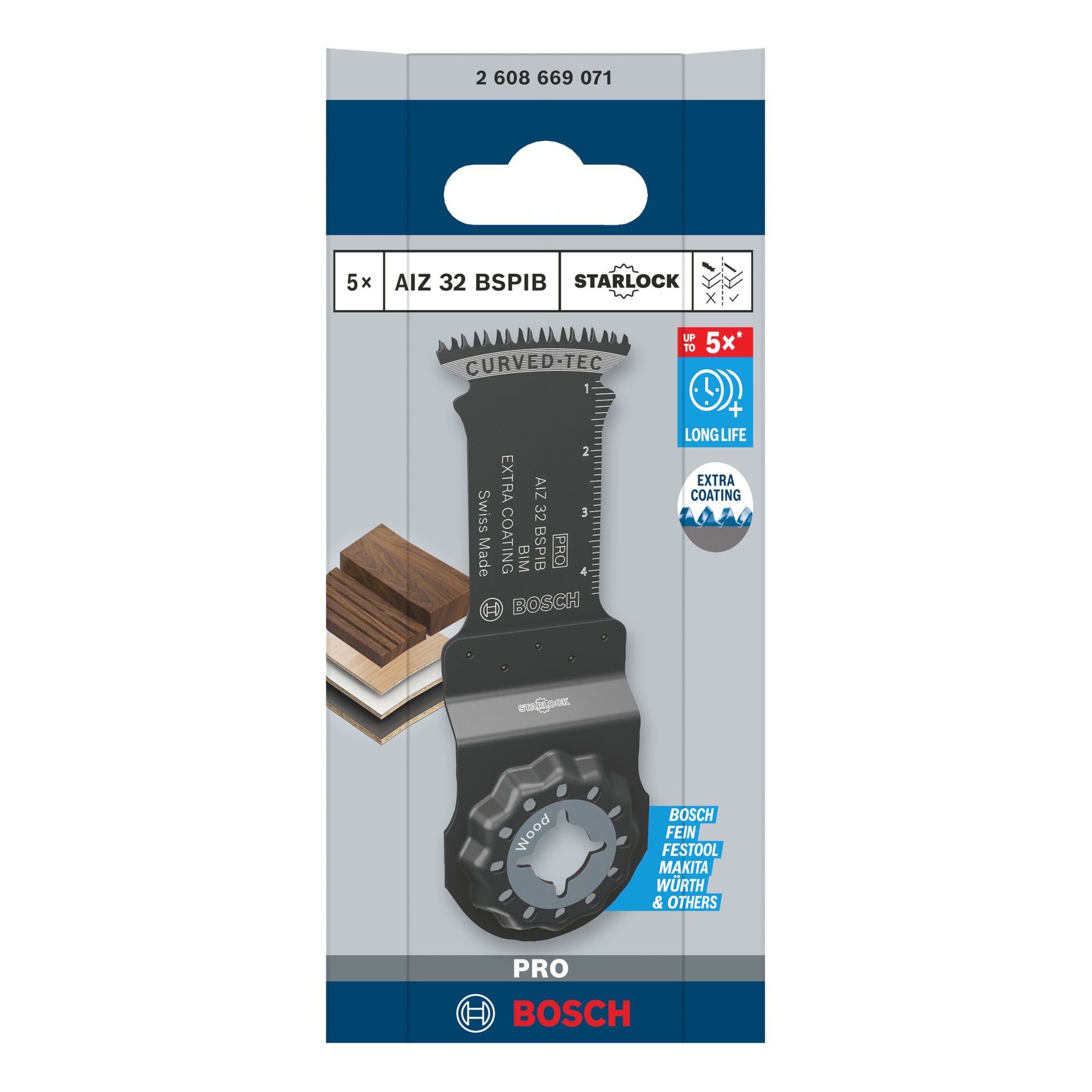 Bosch Pro Saw-blad AIZ32BSPIB 5-pakning i klar plast, med ikoner for trebruk, holdbarhet og kompatibilitet med toppmerker.