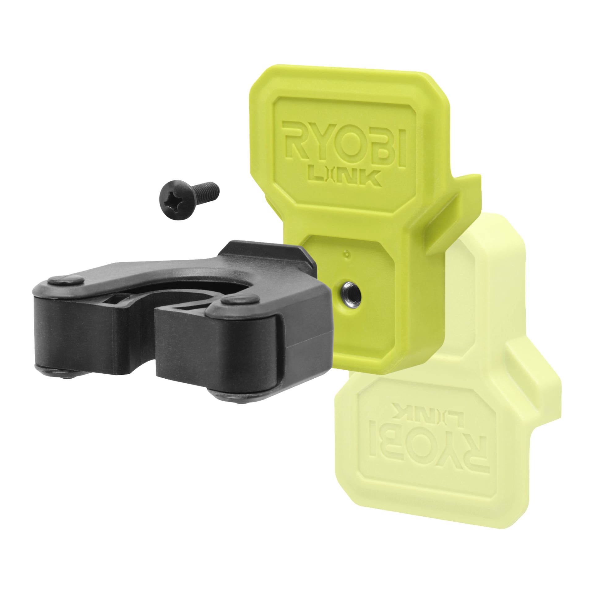 Ryobi Clamp Hook LINK RSLW824, ett svart och gult väggfäste med LINK-märkning och en svart skruv, visad från flera vinklar.