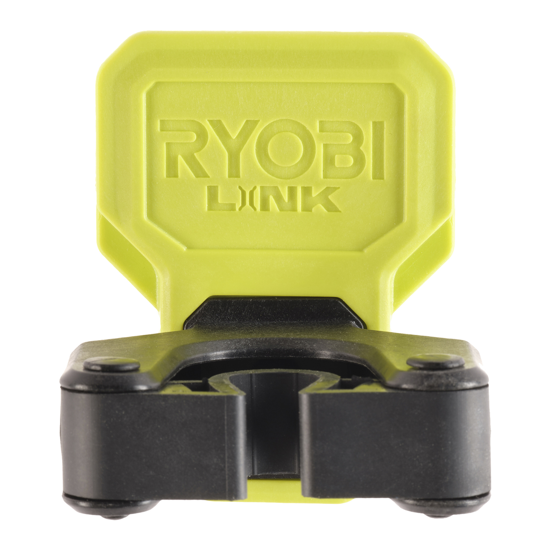 Närbild på Ryobi Clamp Hook LINK RSLW824 med en gulgrön baksida, RYOBI LINK-logga och svart klämma under.