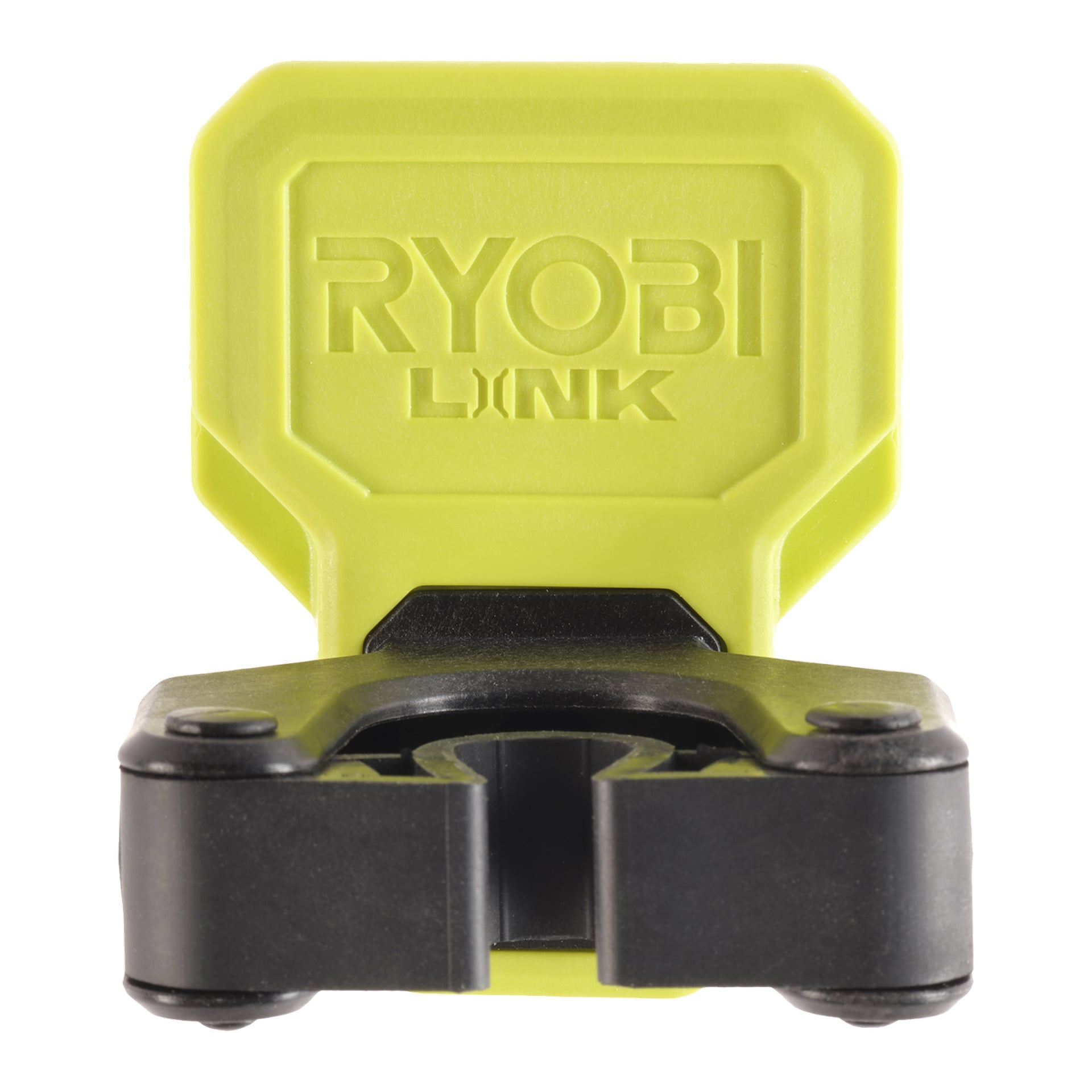Närbild på Ryobi Clamp Hook LINK RSLW824 med en gulgrön baksida, RYOBI LINK-logga och svart klämma under.