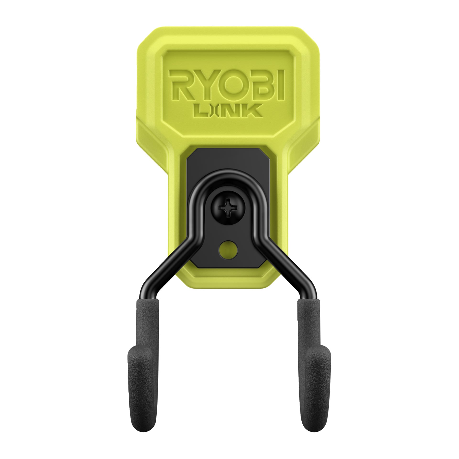 Ryobi LINK RSLW816 verktygskrok med gul plastbas och svart dubbel metallkrok, designad för att hänga upp och förvara verktyg.